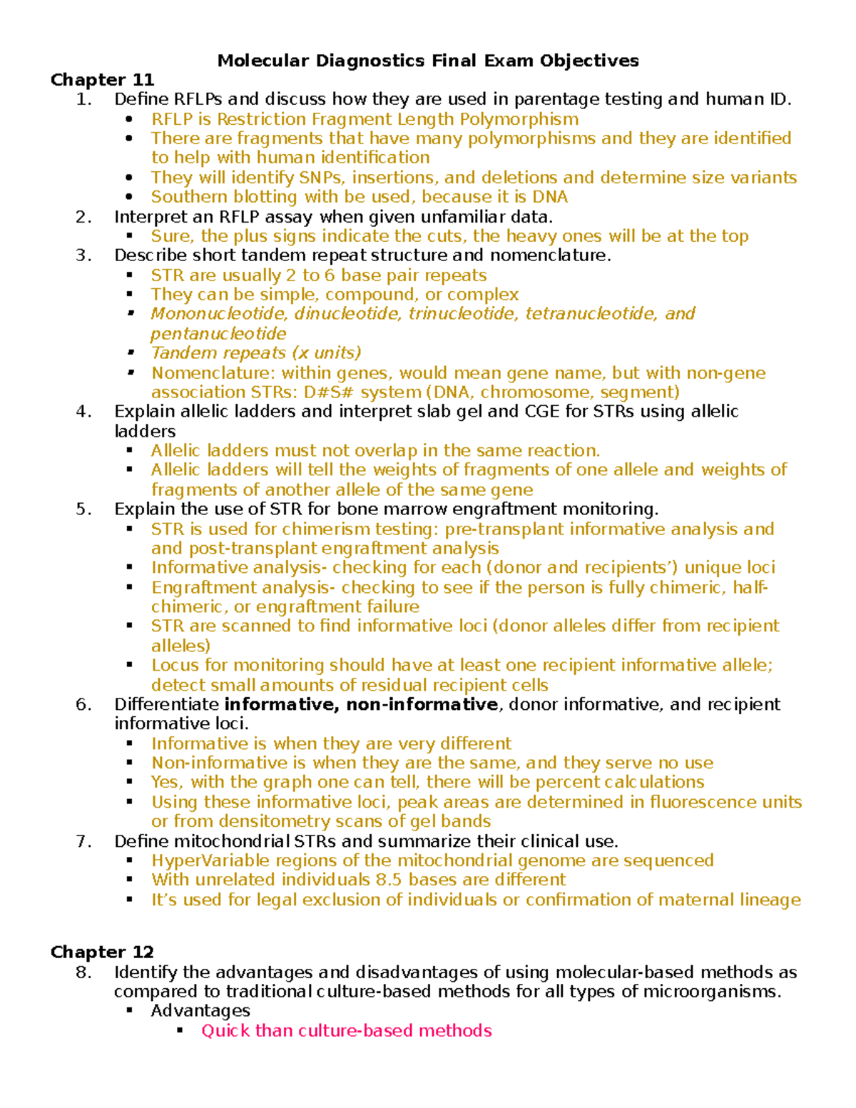 Molecular Diagnostics Final Exam Objectives Lab and Lecture Lecture