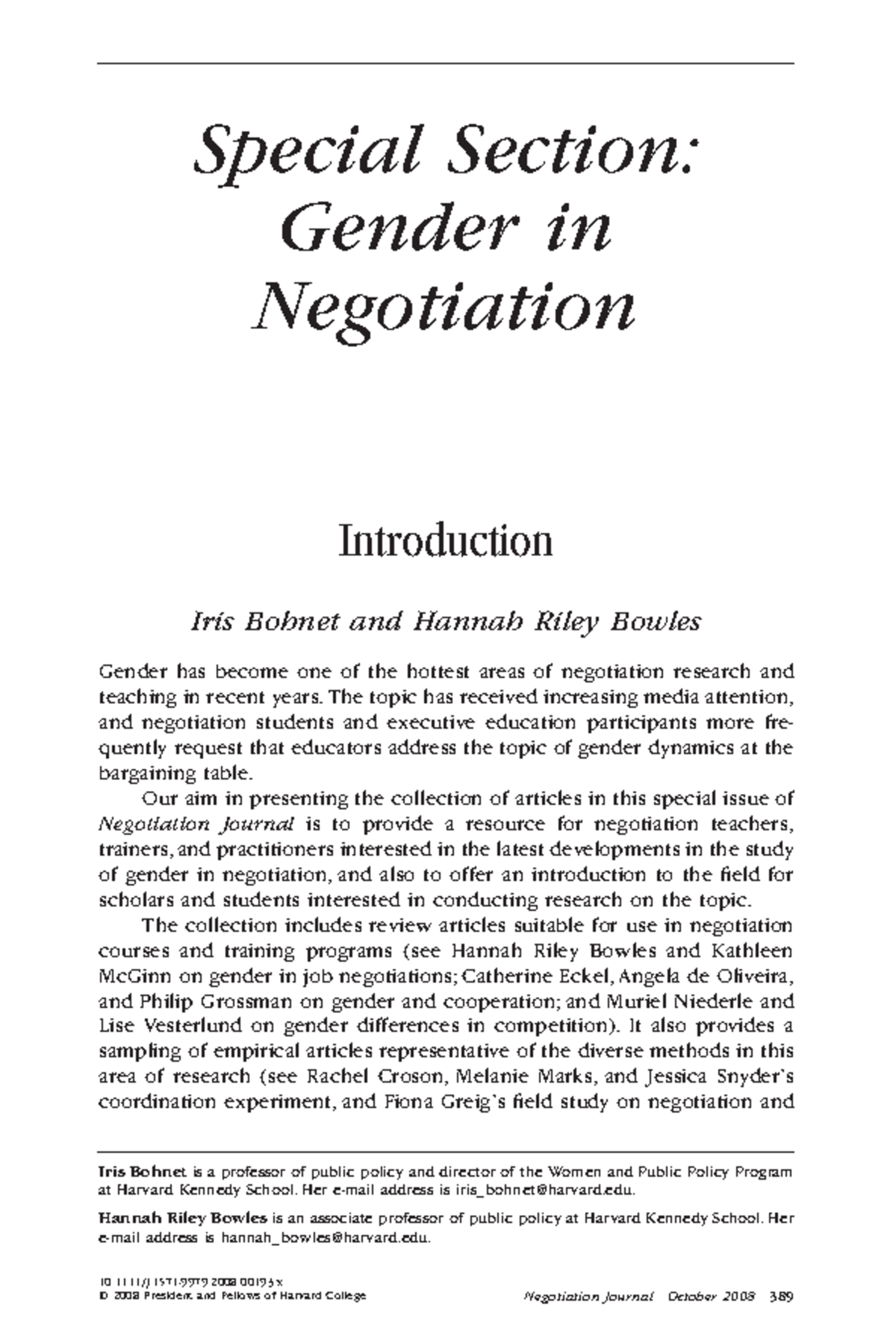 Gender in negotiation 2008 Special Section Gender in Negotiation