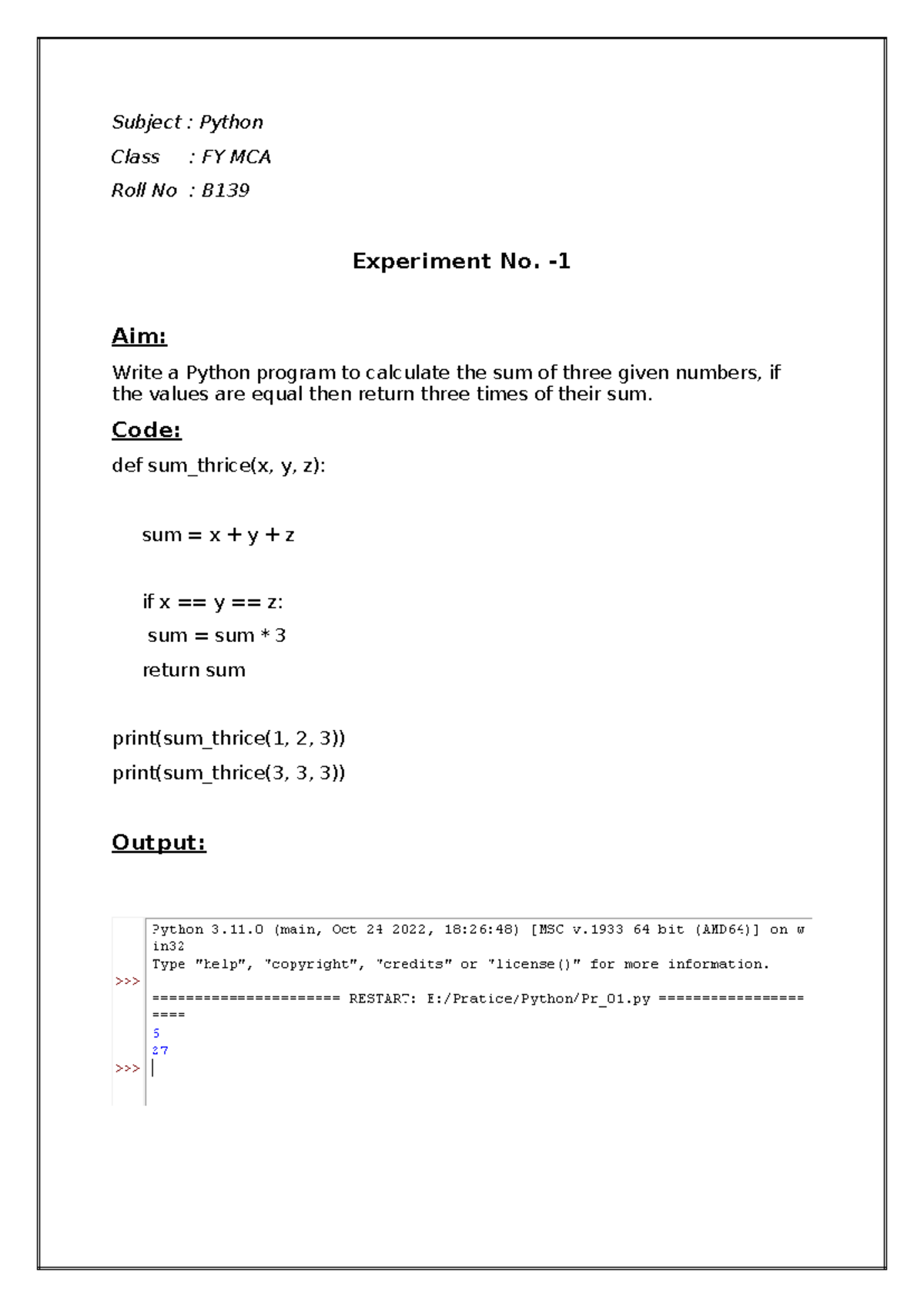 Python Journal - aaaaaaaaaaaaaaaaaaaaaaaa - Subject : Python Class : FY ...