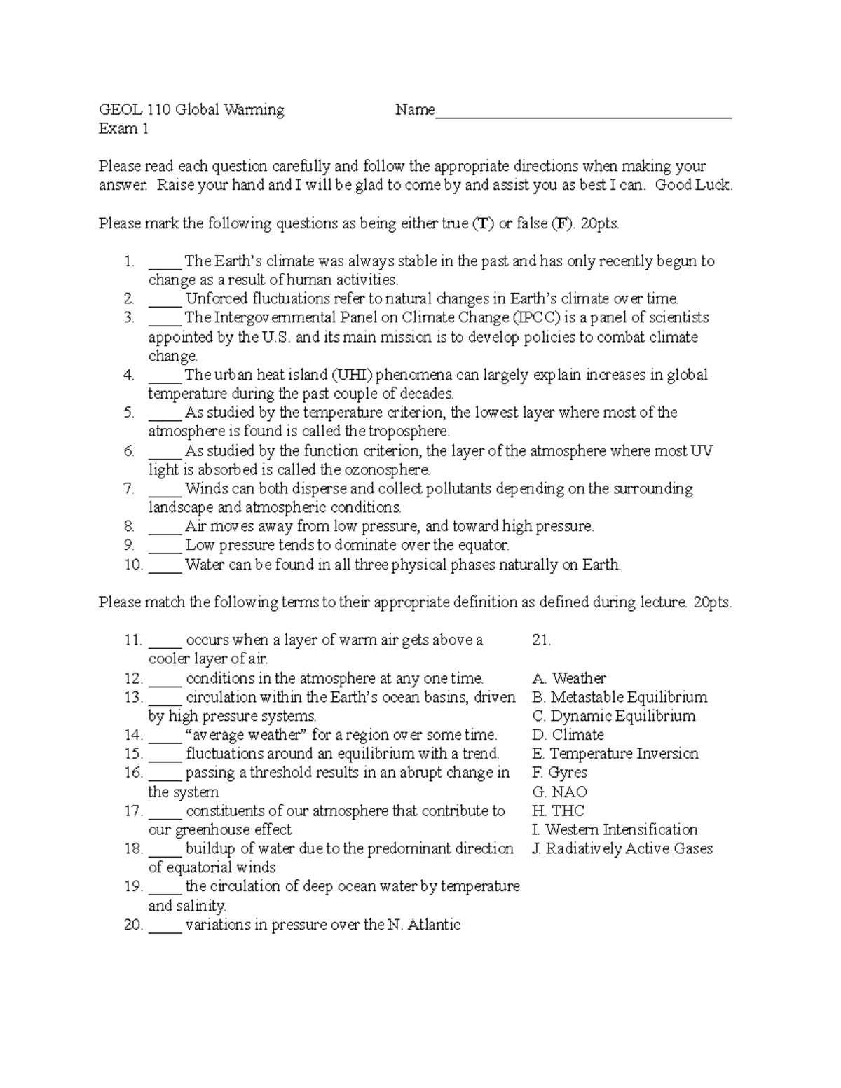 GEOL110 Exam1 Blank - GEOL 110 Global Warming Name ...