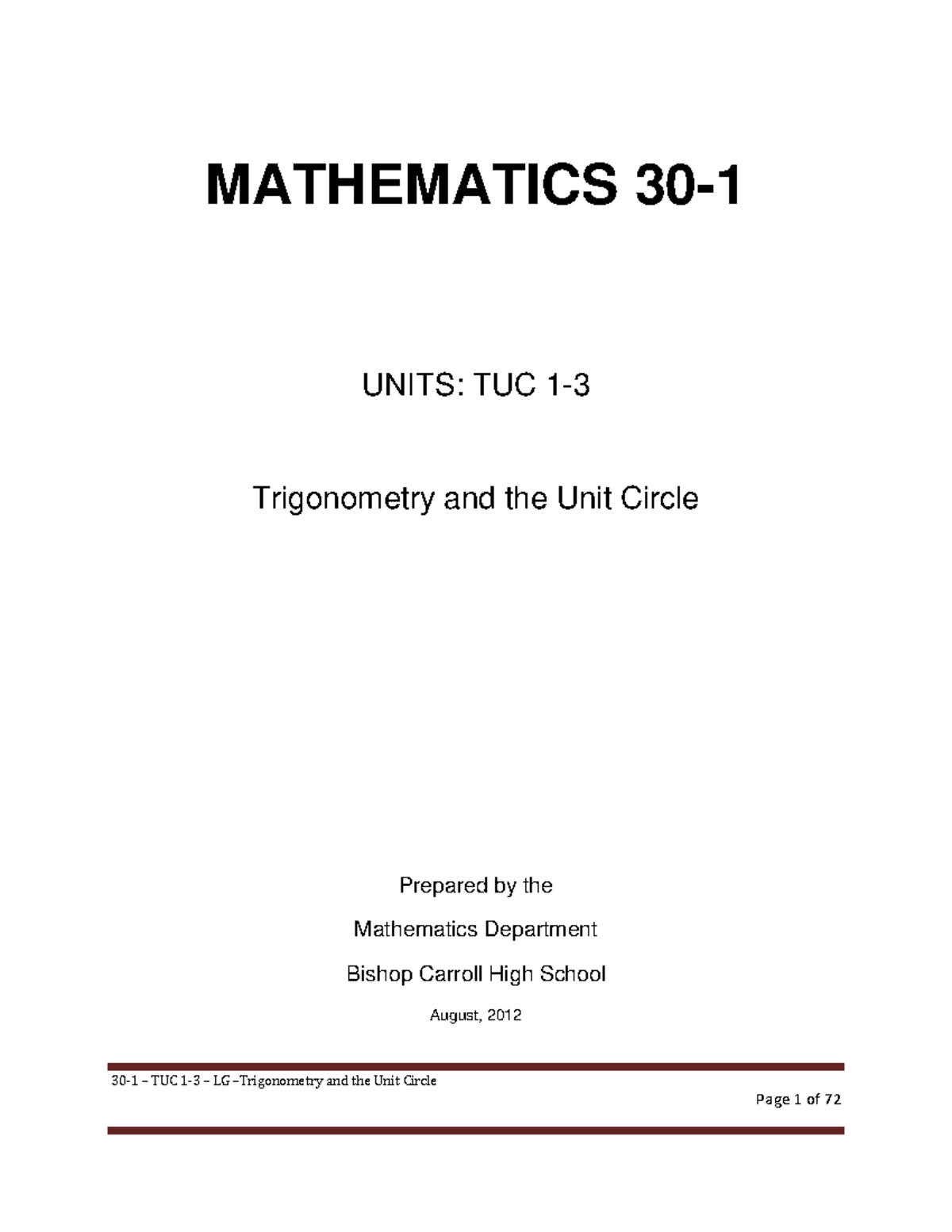 30 - 1 - TUC 1-3 - LG - Trigonometry and the Unit Circle - 30-1 – TUC 1 ...