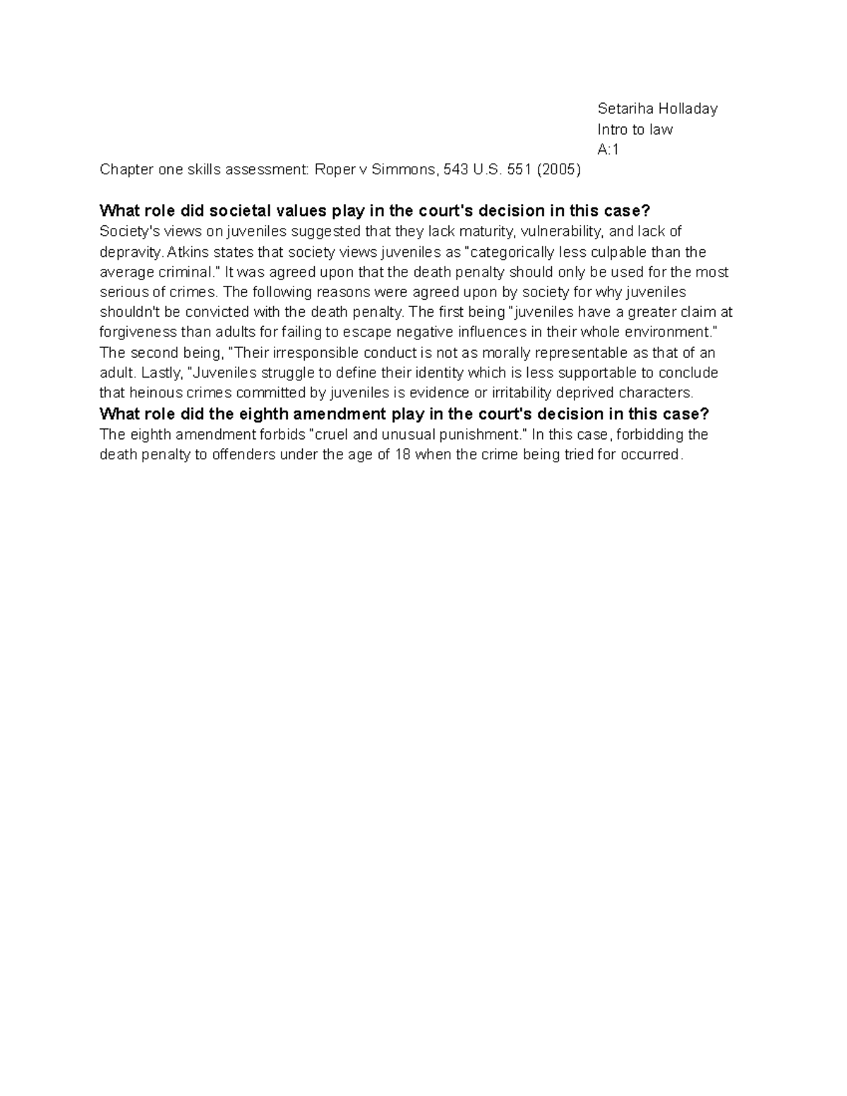 Roper vs Simmons case Setariha Holladay Intro to law A Chapter one