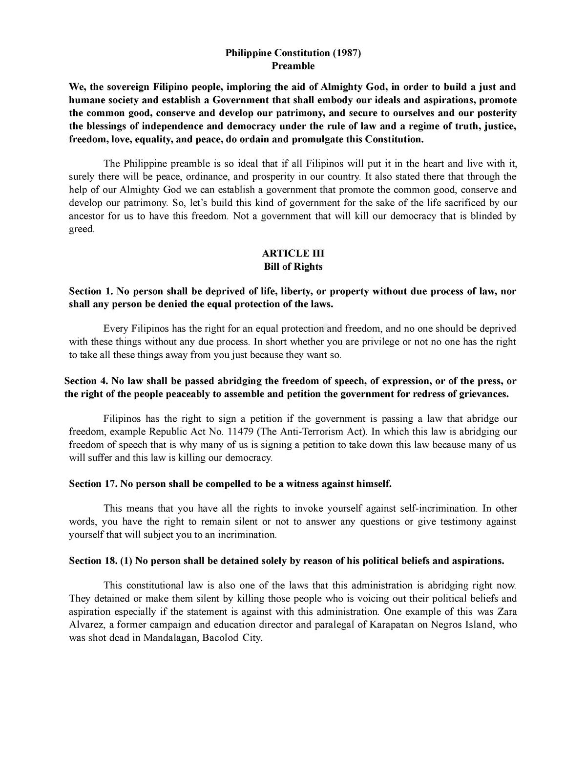 philippine constitution reflection essay