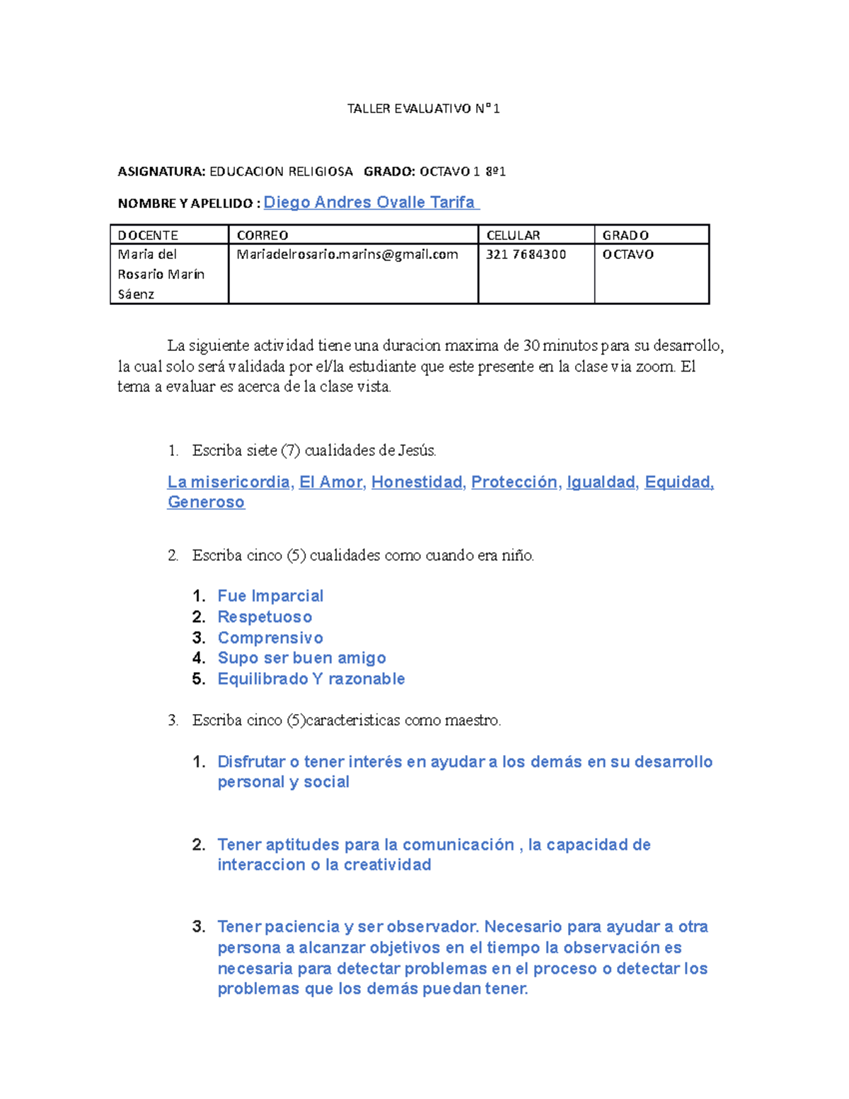 Taller Evaluativo N1 Guia 4 Octavo Taller Evaluativo N° 1 Asignatura Educacion Religiosa 8400