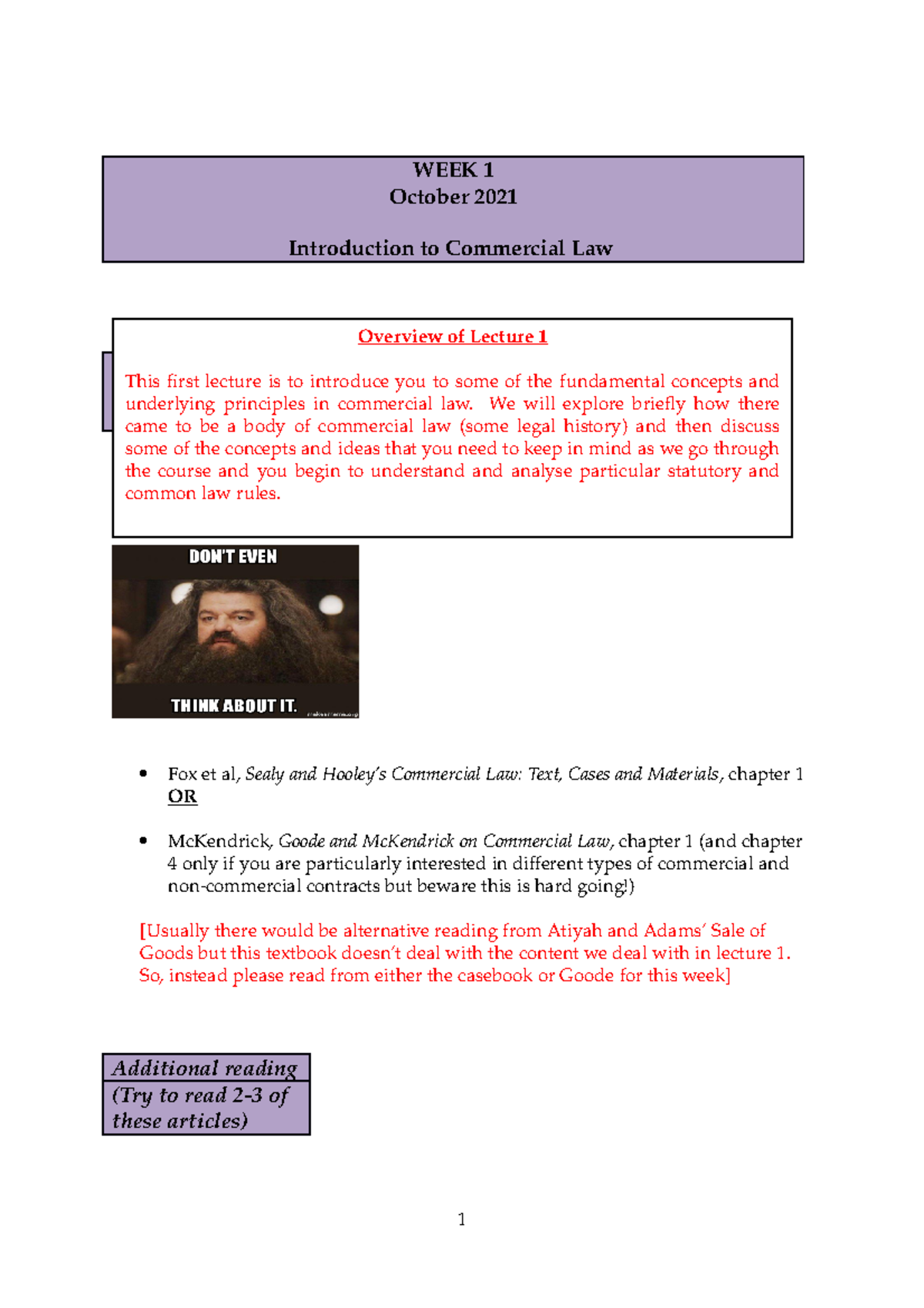 Lecture 1 Notes - Introduction to Commercial Law - LAW2241 - DUR - Studocu