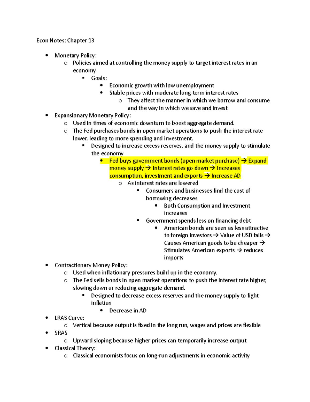 ECO 2013 Notes – Chapter 13 - Econ Notes: Chapter 13 Monetary Policy: o ...