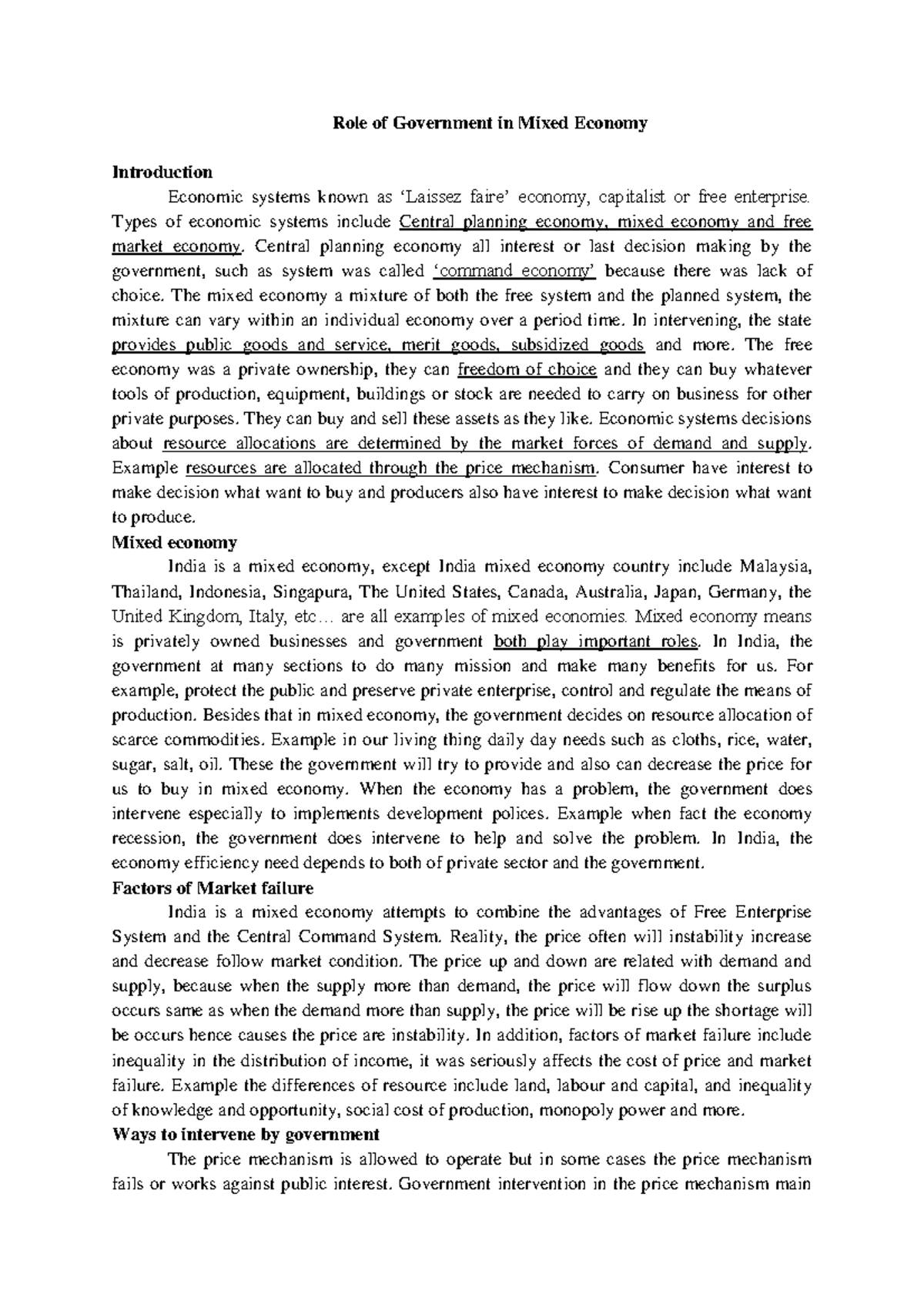 Role of Government in Mixed Economy Role of Government in Mixed