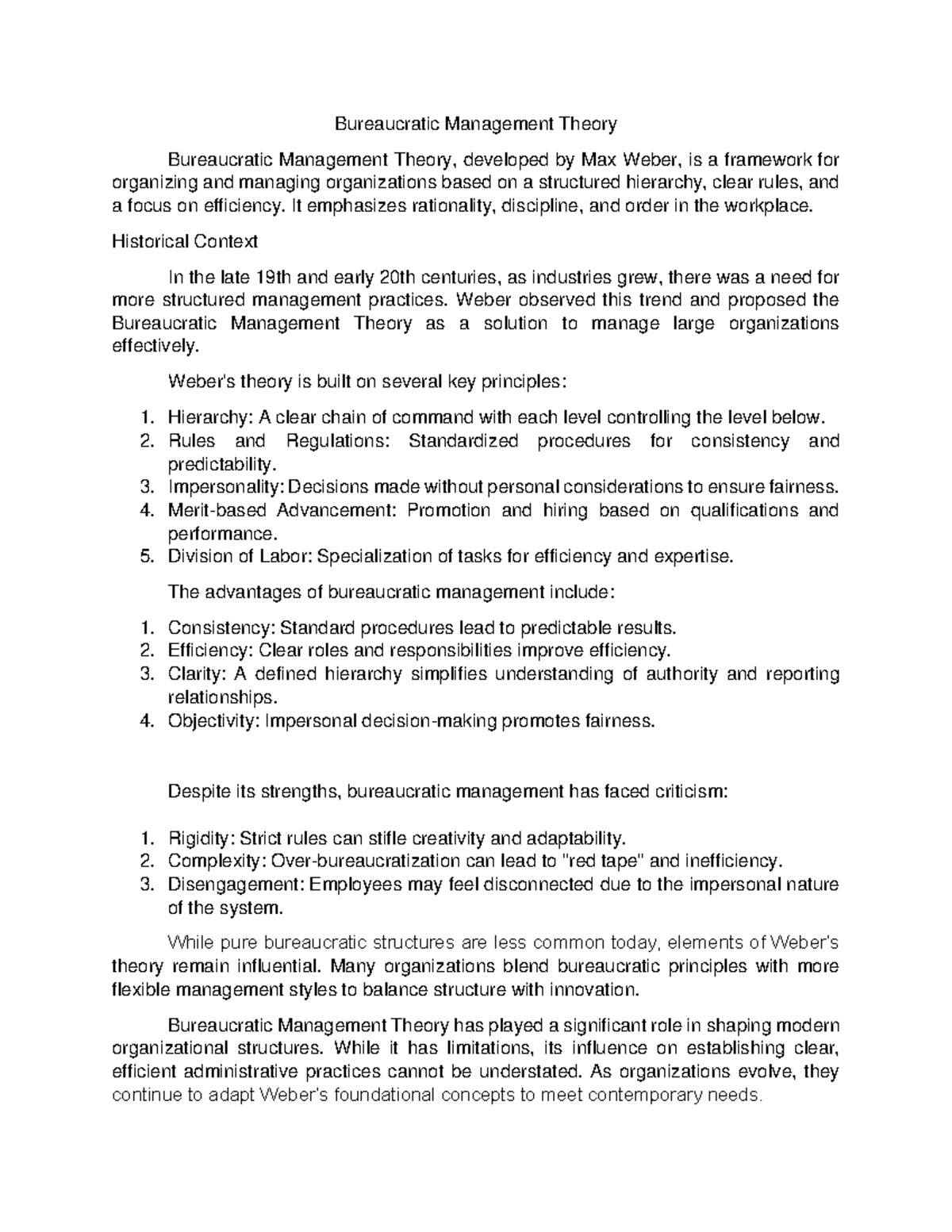 Summary - Maem 205 - Bureaucratic Management Theory Bureaucratic ...