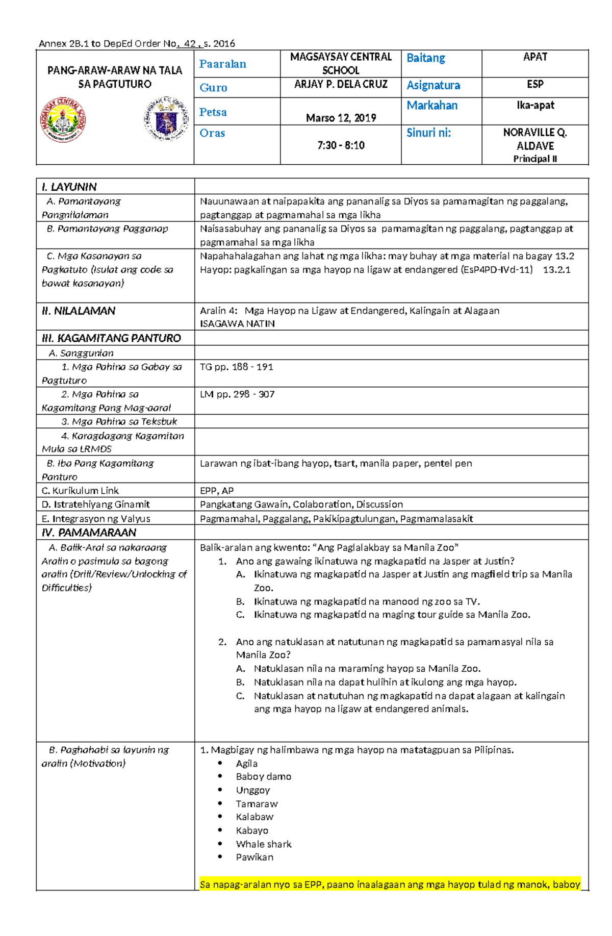 Dll Esp Detailed Lesson Plan In Esp Annex B To Deped Order No S Pang Araw