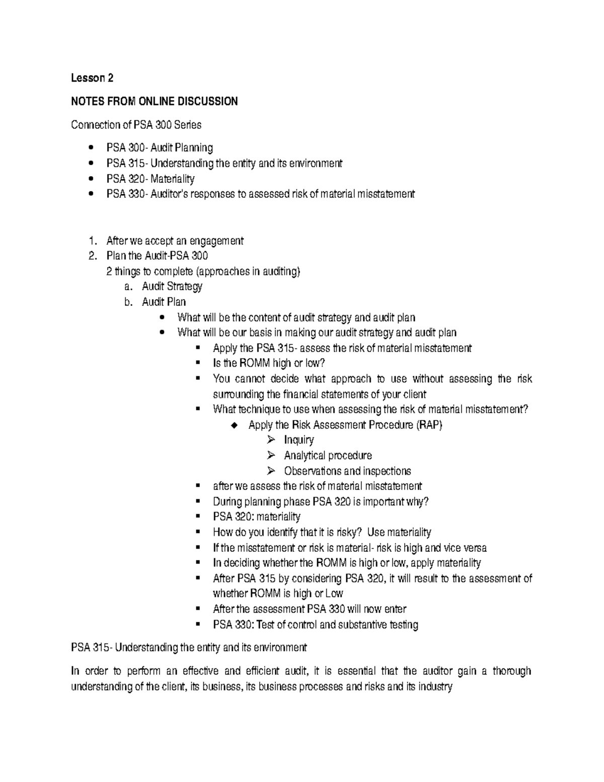 Lesson 2 - Lecture notes 2 - Lesson 2 NOTES FROM ONLINE DISCUSSION ...