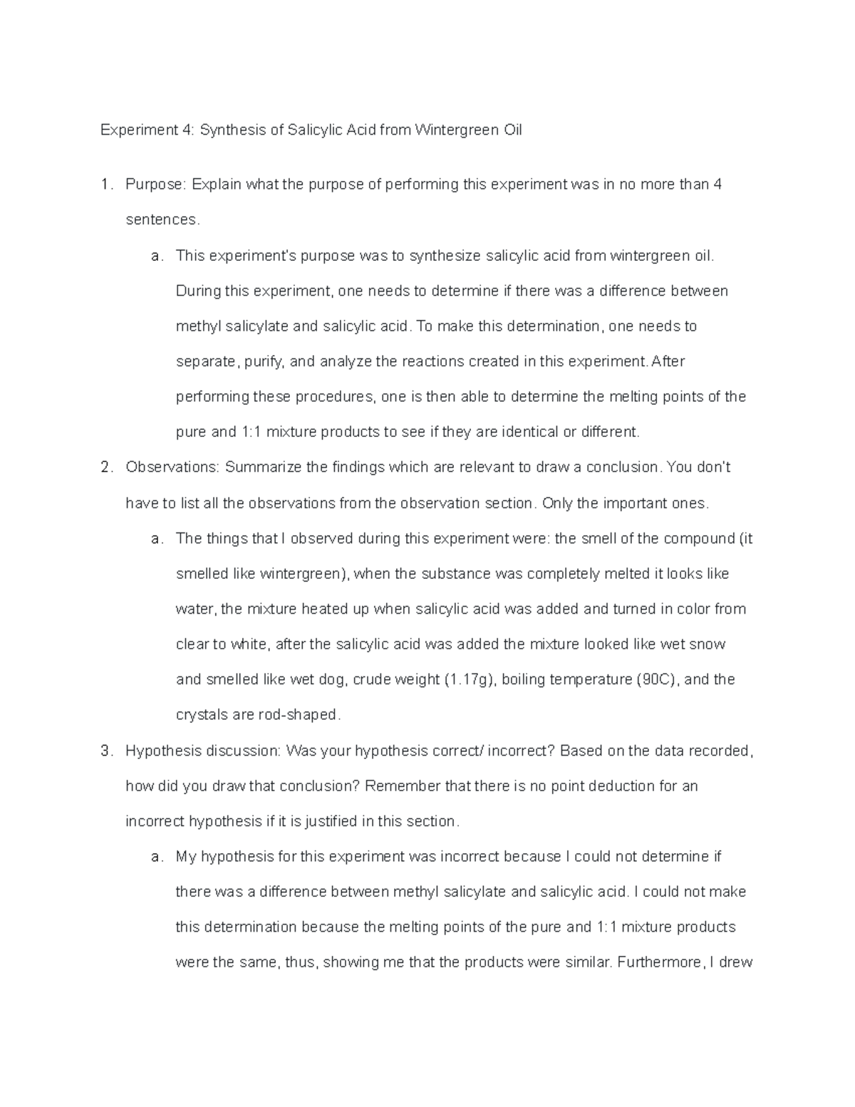 Experiment 4 Synthesis Of Salicylic Acid From Wintergreen Oil A This Experiment’s Purpose Was