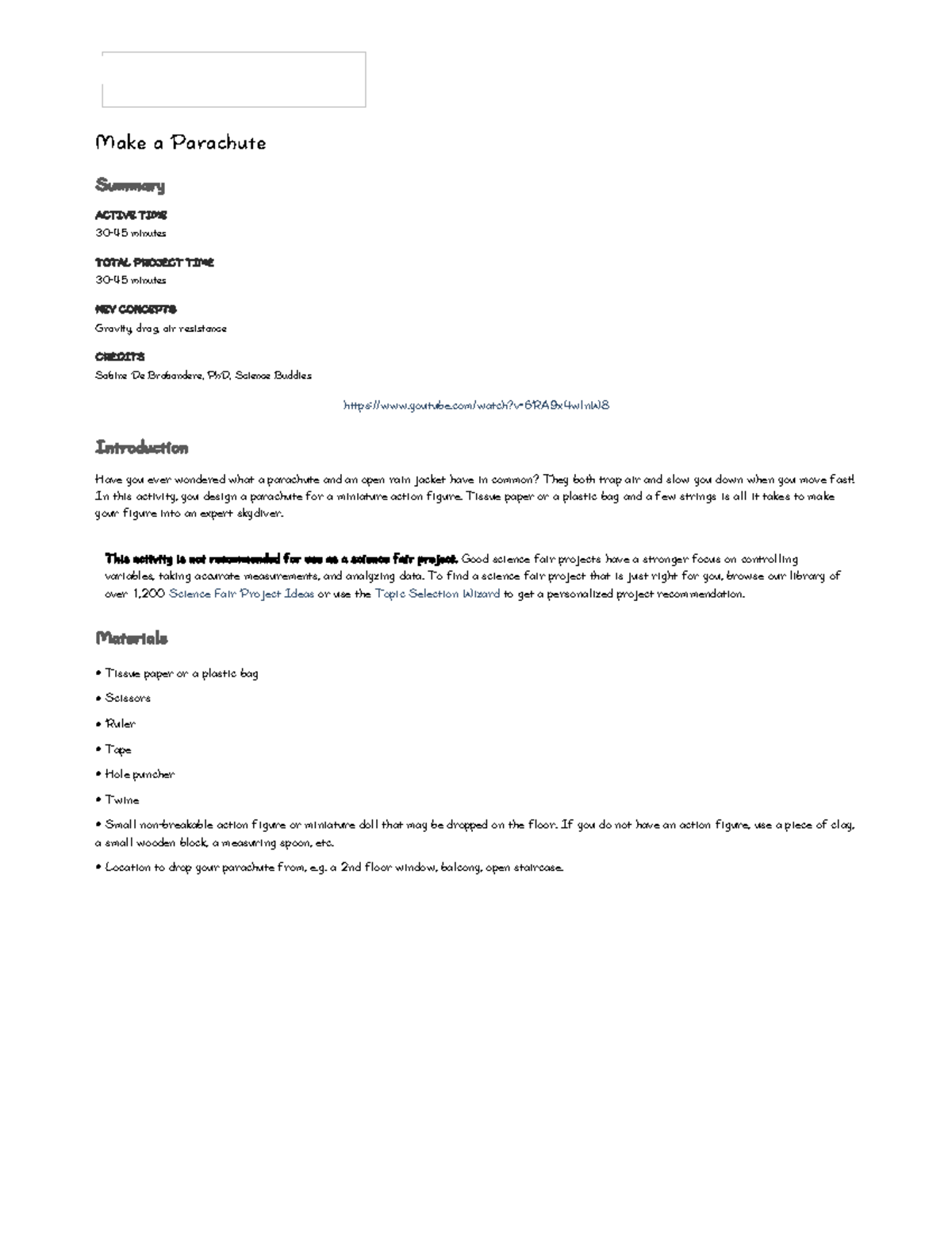 Make a Parachute STEM Activity Make a Parachute Summary ACTIVE TIME