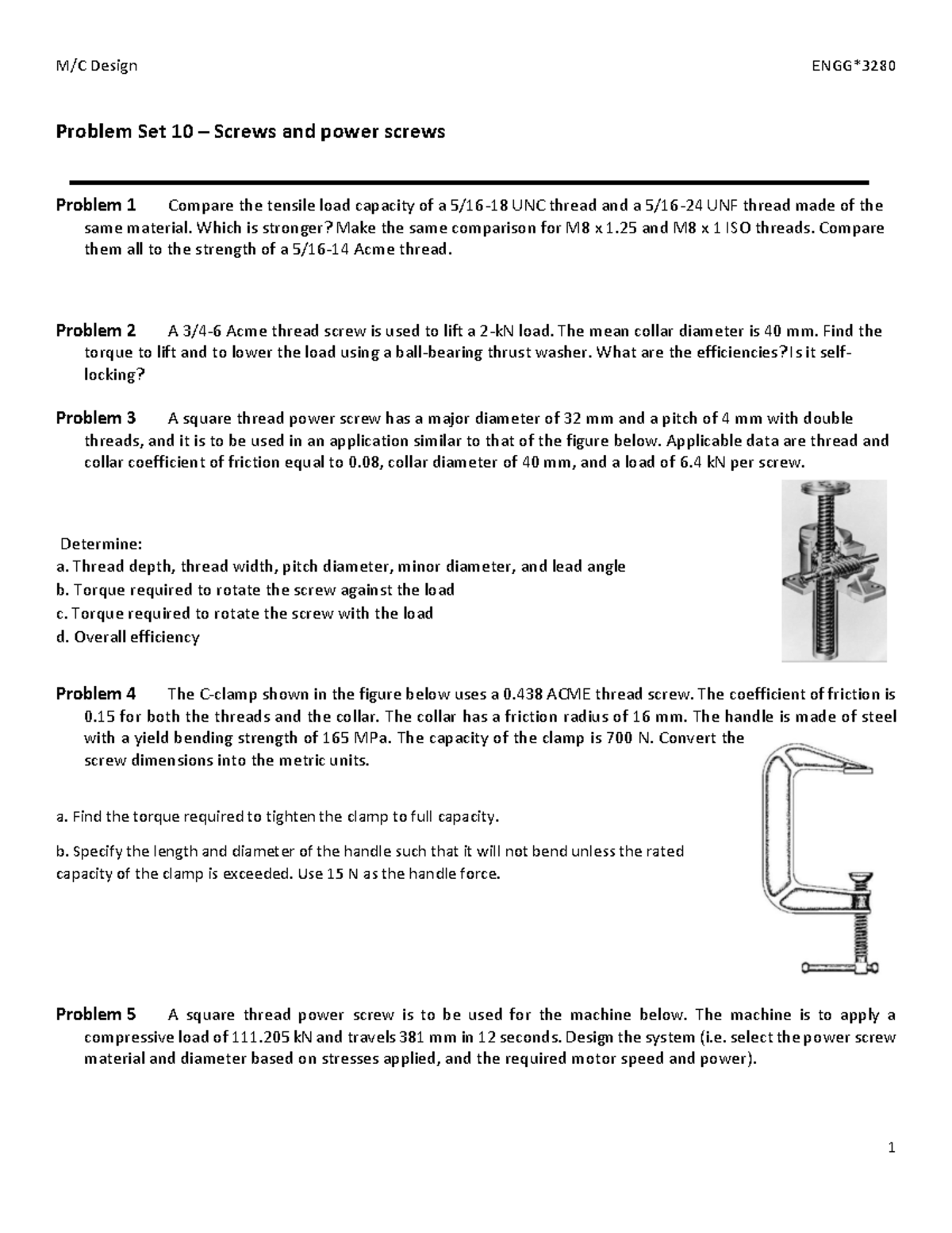 Assignment 10 screws M/C Design ENGG* 1 Problem Set 10 Screws and