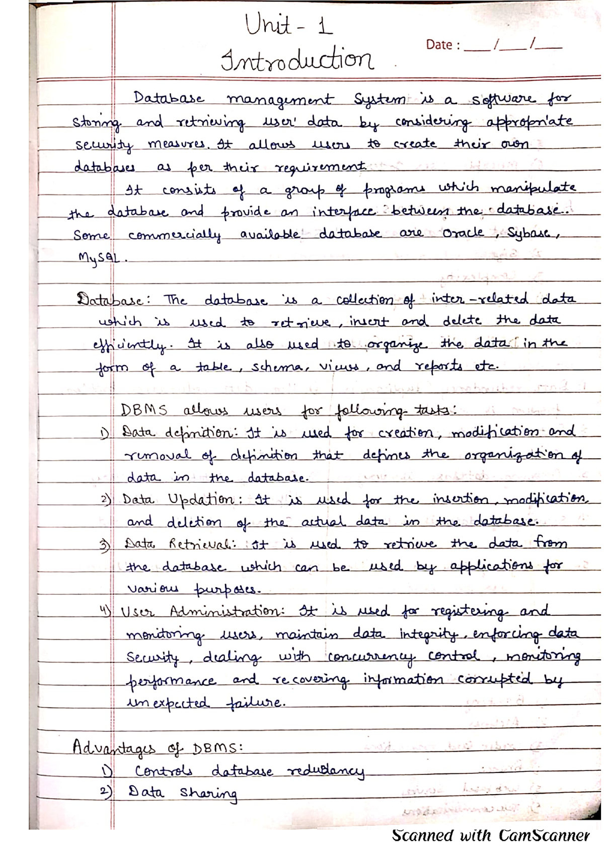 Database Management System Handwritten Notes - Bachelors Of Computer ...