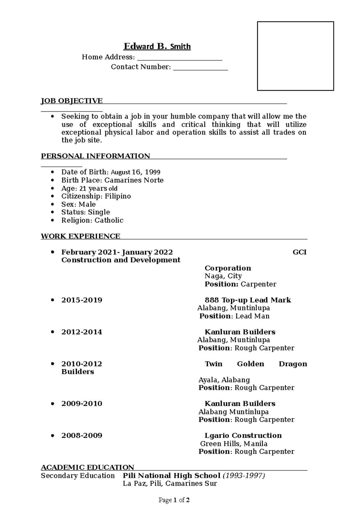 Sample Resume - Job hunting reference - Edward B. Smith Home Address