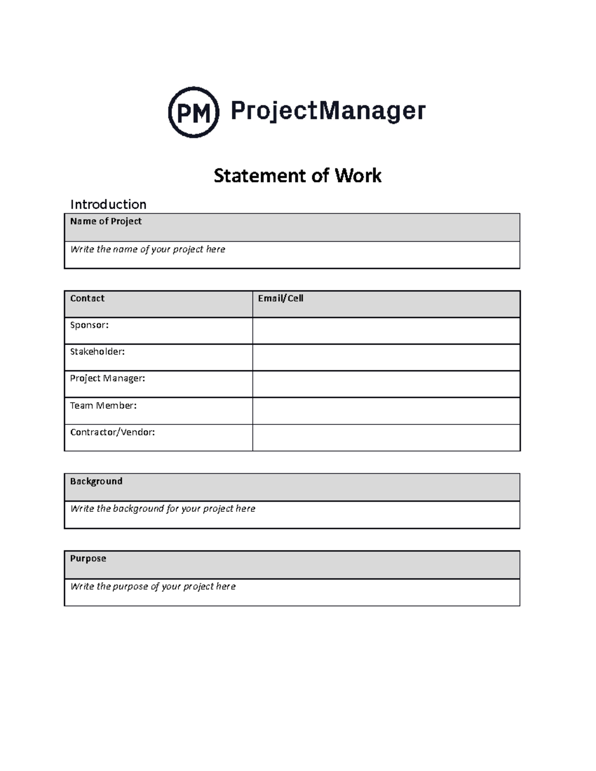 SOW Template Project Manager ND - Statement of Work Introduction Name ...