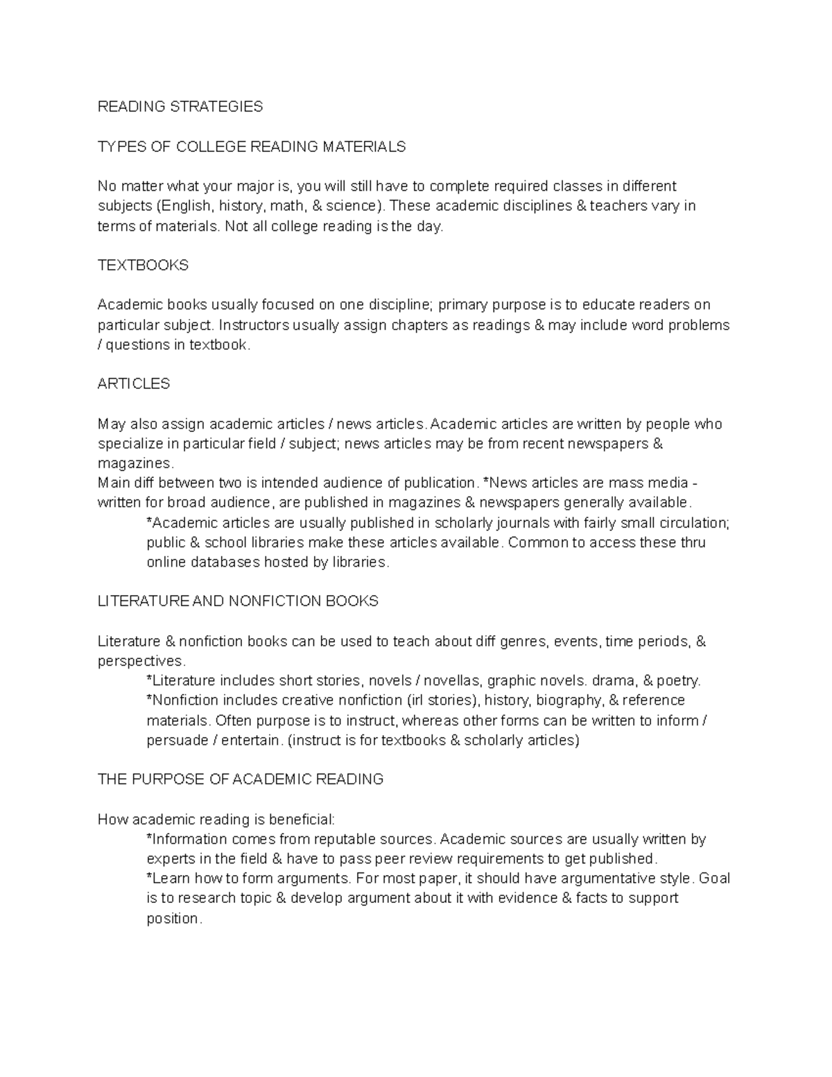 (Student Success) UNIT 4 - READING STRATEGIES TYPES OF COLLEGE READING ...