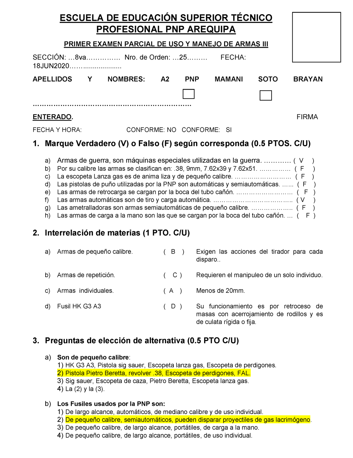 Examen Uso Y Manejo De Armas De Fuego 2020 Escuela De EducaciÓn Superior TÉcnico Profesional 0325