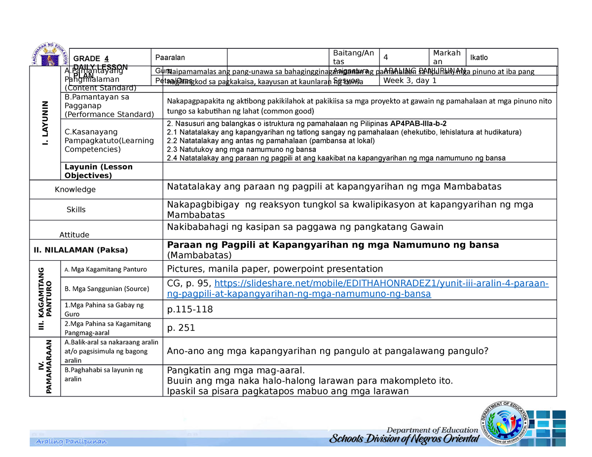 AP4 3rd Q Sesyon 11 - Detailed Lesson Plan - I. LAYUNIN A Pangnilalaman ...