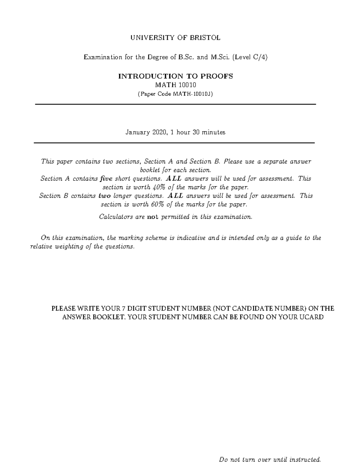 Intro to proofs exam 2020 UNIVERSITY OF BRISTOL Examination for the