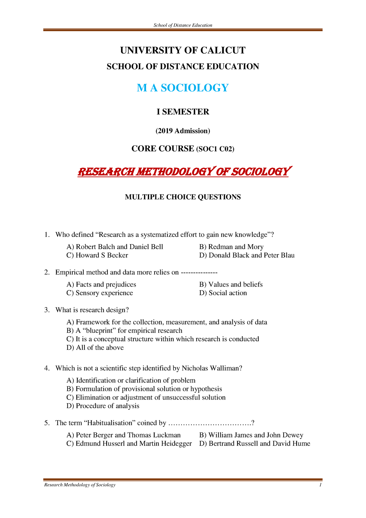 MCQ- I Sem MA Sociology-Research Methodology Of Sociology 1 0 ...