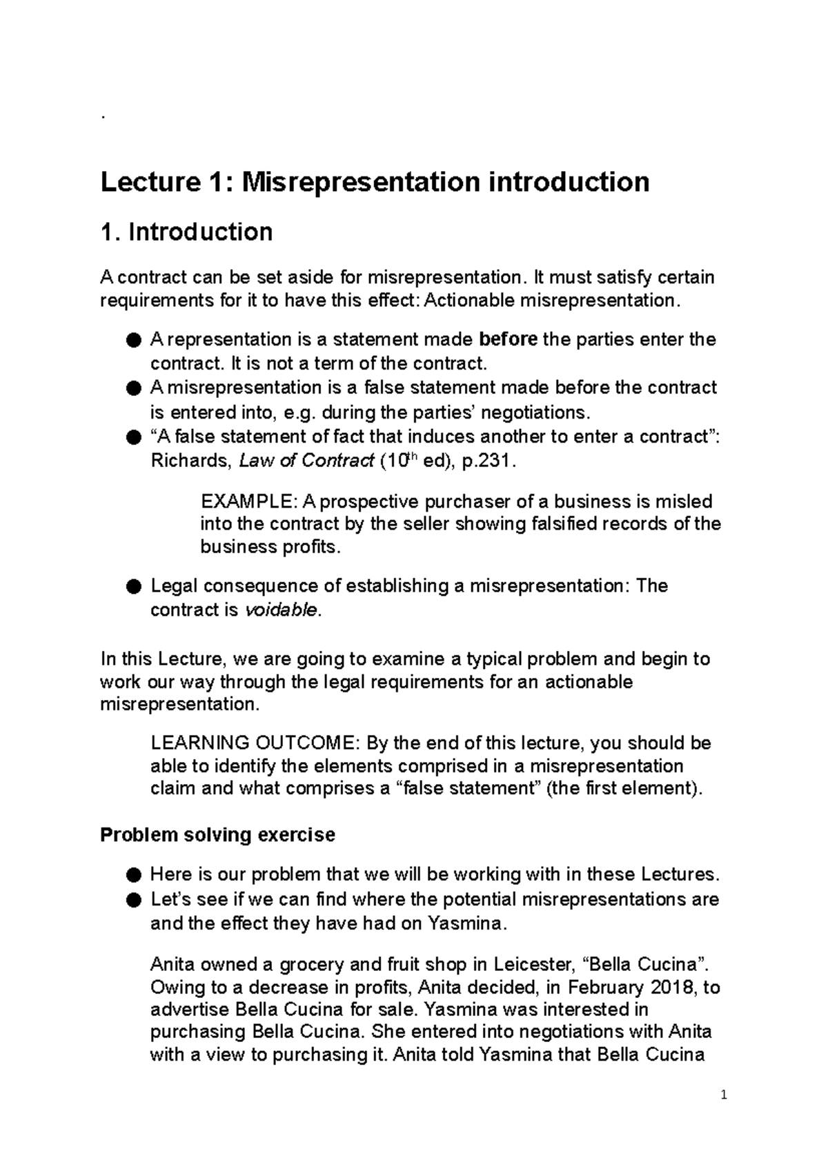 Contract Law Unit 4 - . Lecture 1: Misrepresentation Introduction 1 ...