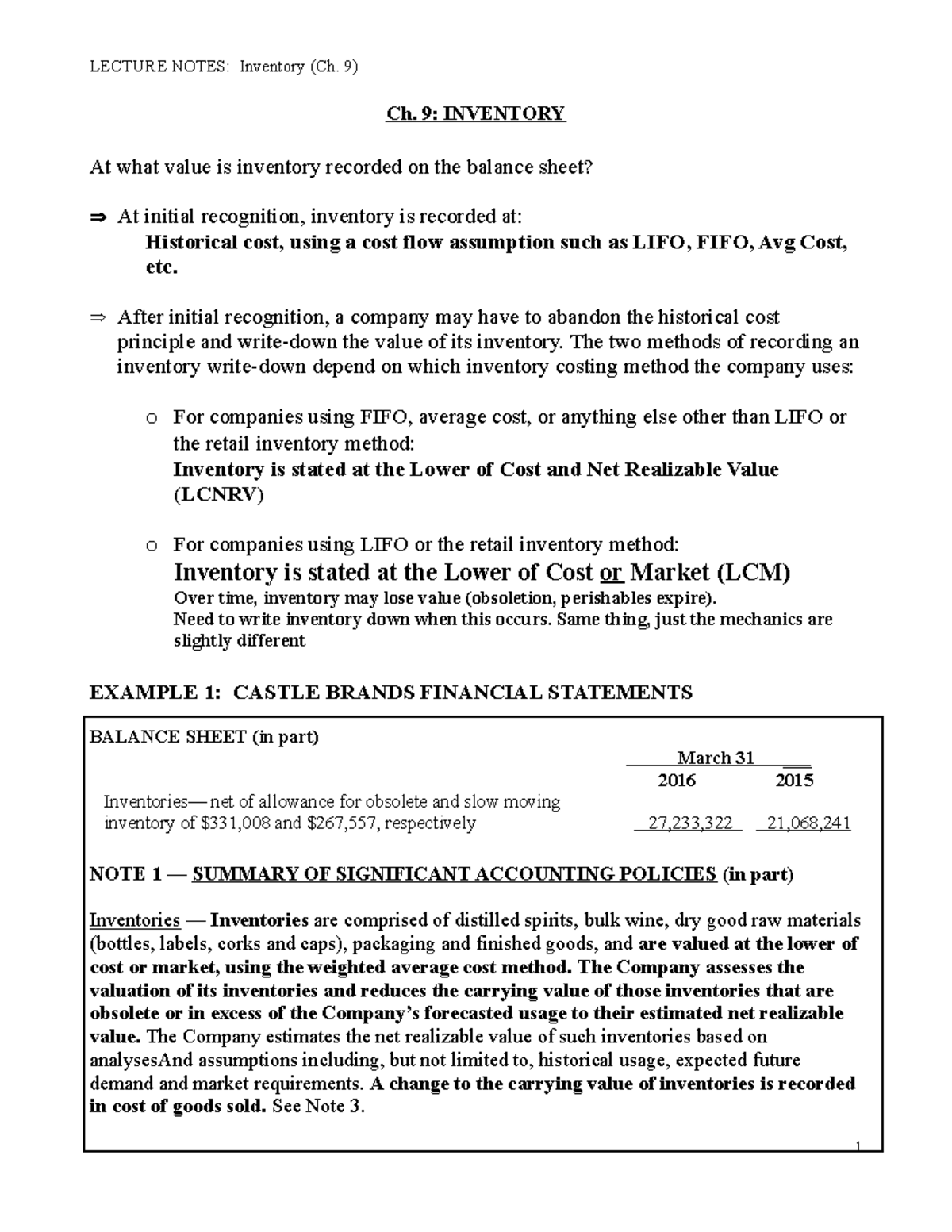 Lecture Notes Ch. 9 Inventory - LECTURE NOTES: Inventory (Ch. 9) Ch. 9 ...