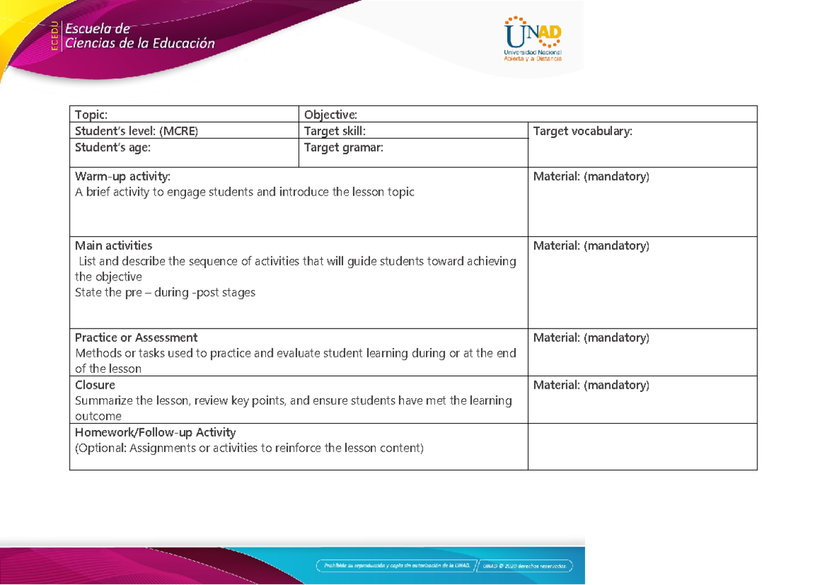 Lesson plan format -Phase 2 Didactics of English - Topic: Objective ...