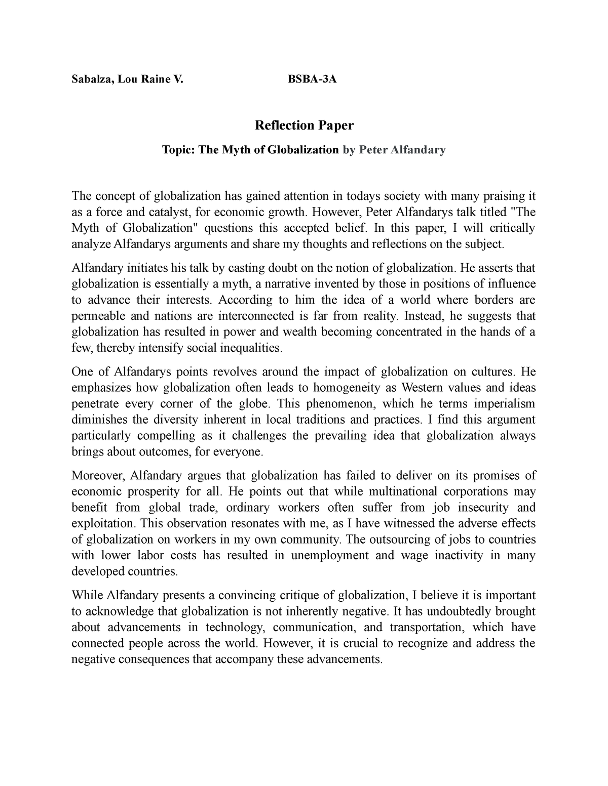 Reflection Paper - The Myth Of Globalization - Sabalza, Lou Raine V ...