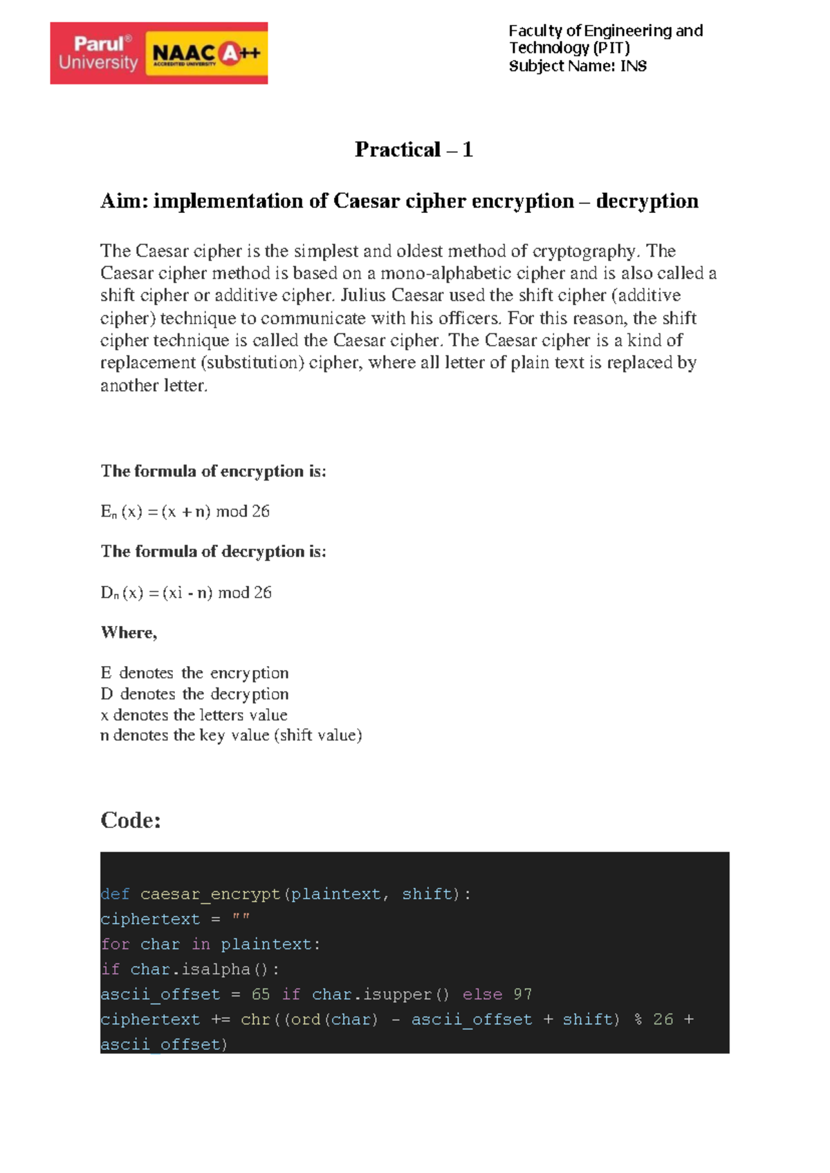 INS manual - ASSIGEMENT - Technology (PIT) Subject Name: INS def caesar ...