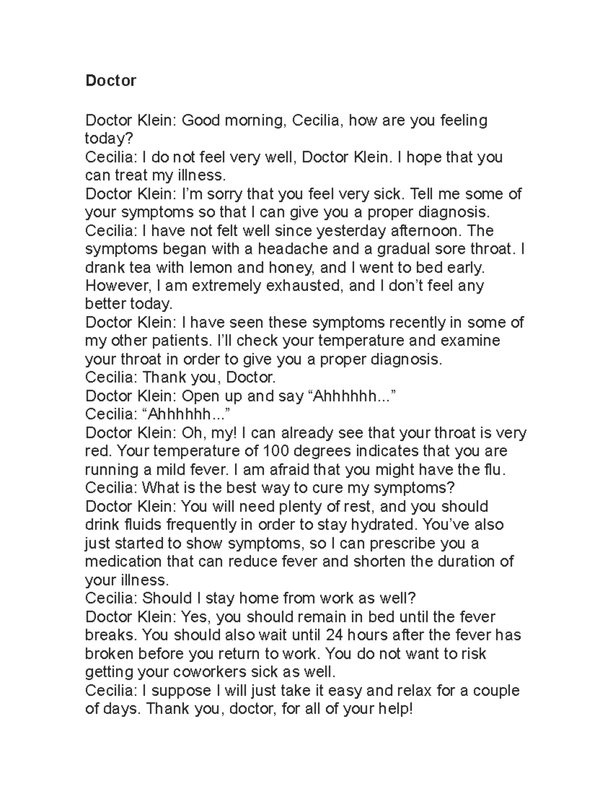 Compresi n De Textos En Ingles Doctor Doctor Klein Good Morning Cecilia How Are You Feeling 