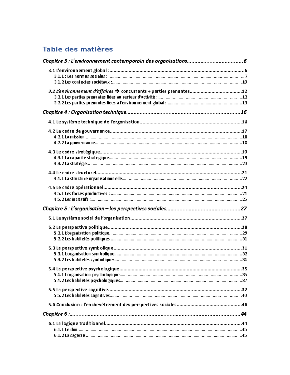 Résumé Management Table Des Matières Chapitre 3 Lenvironnement