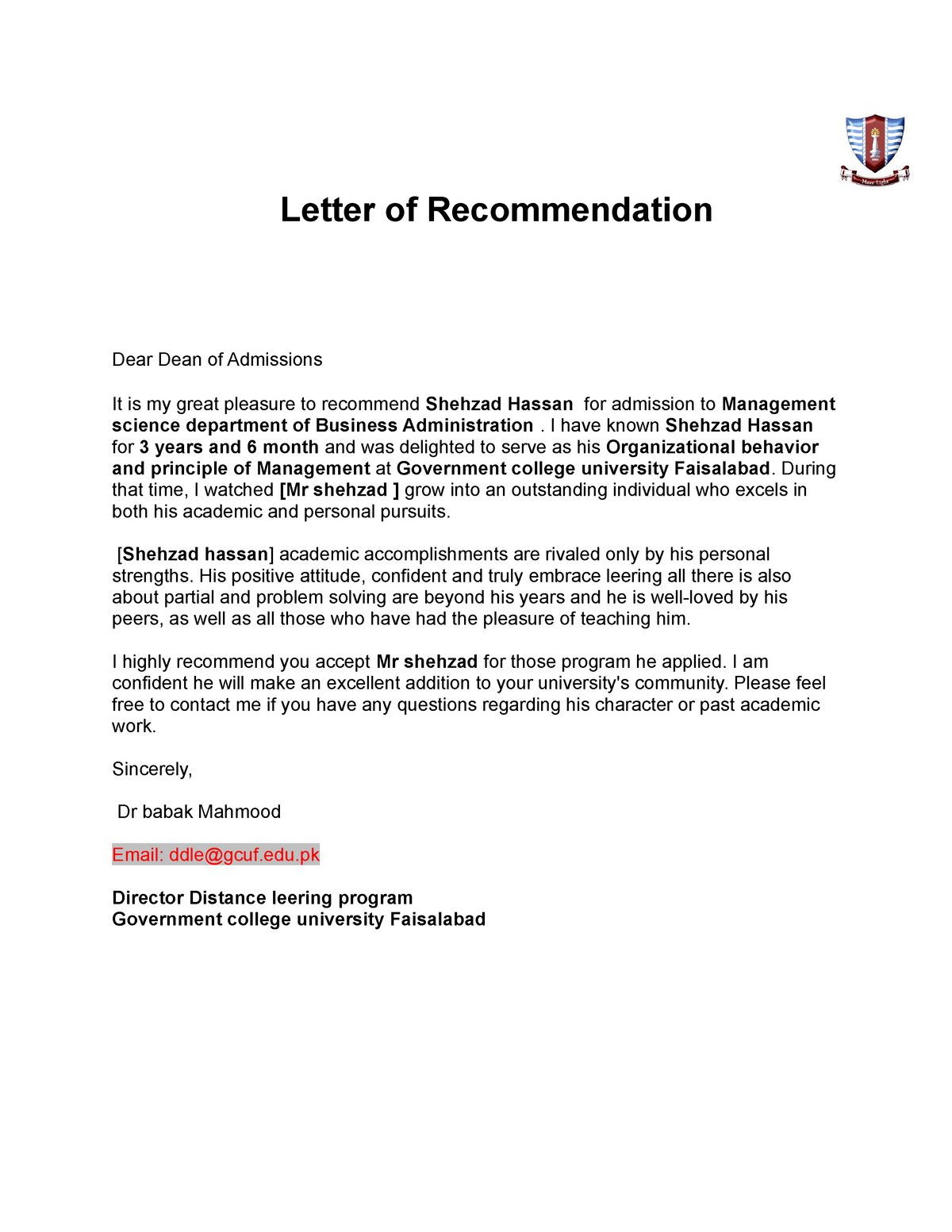 Letter Of Recommendation Dr Barbak Letter Of Recommendation Dear Dean Of Admissions It Is My 