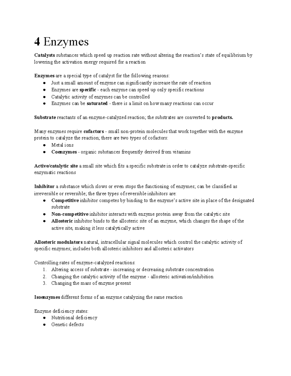 BIOC1420 Chapter 4 4 Enzymes Catalysts substances which speed up