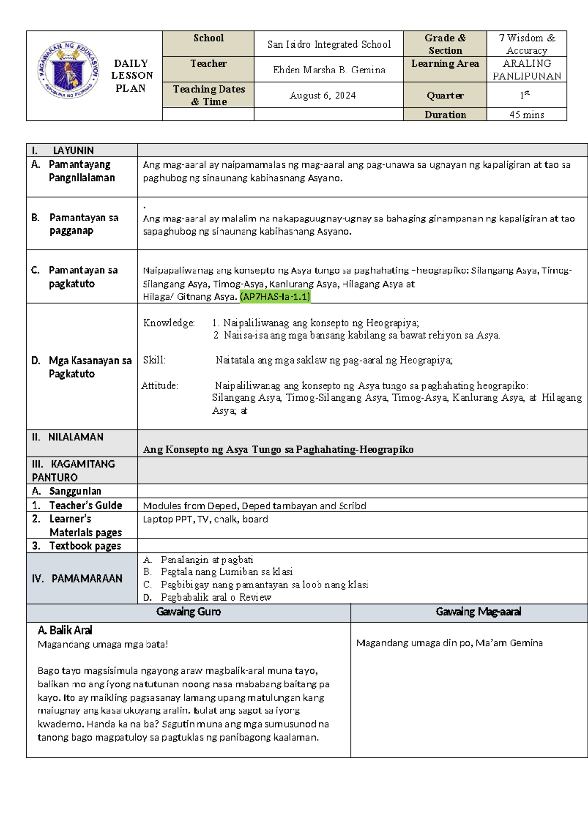 Detailed lp grade 7 orig - DAILY LESSON PLAN School San Isidro ...
