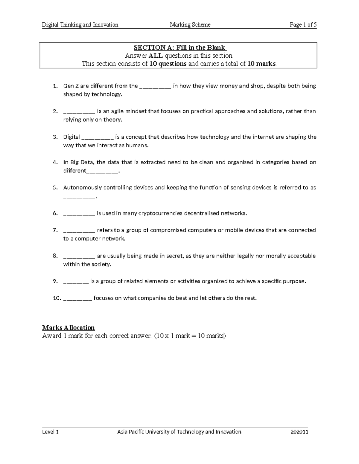 Dgtin Question - SECTION A: Fill in the Blank Answer ALL questions in ...