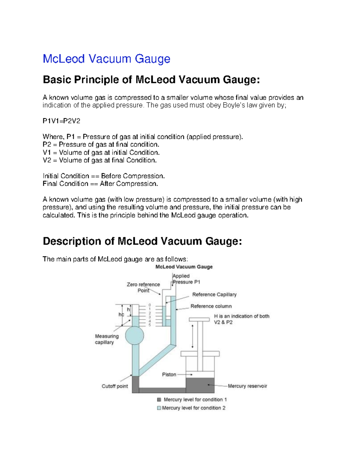 Mcleod Vacuum Gauge McLeod Vacuum Gauge Basic Principle of McLeod Vacuum Gauge A known volume
