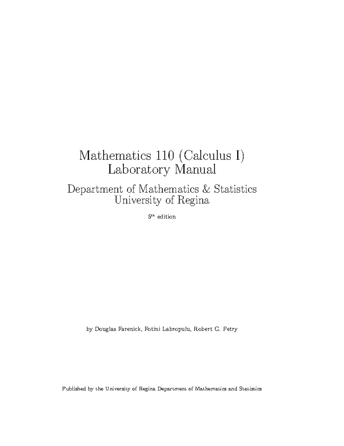 Math 110 Lab Manual 5ed - Textbook - Mathematics 110 (Calculus I ...