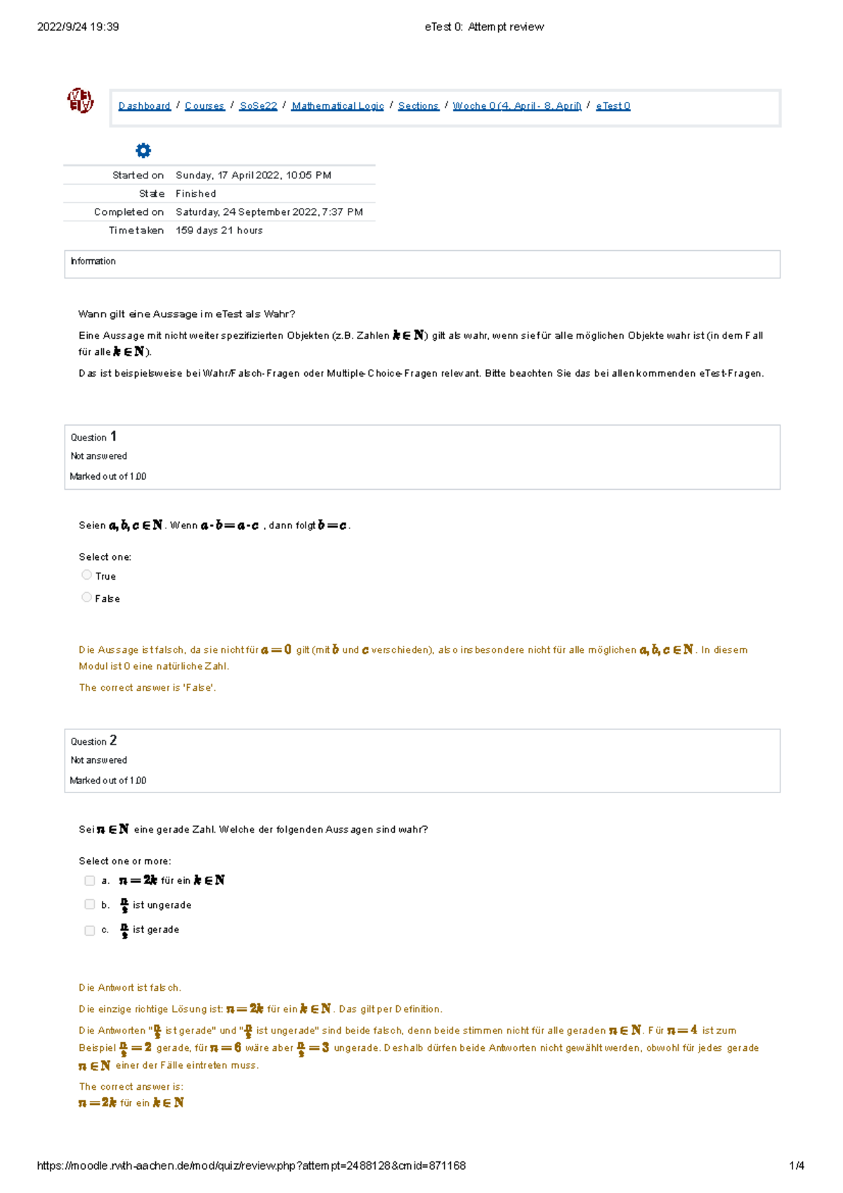 E Test 0 Attempt review E Test Dashboard / Courses / SoSe22