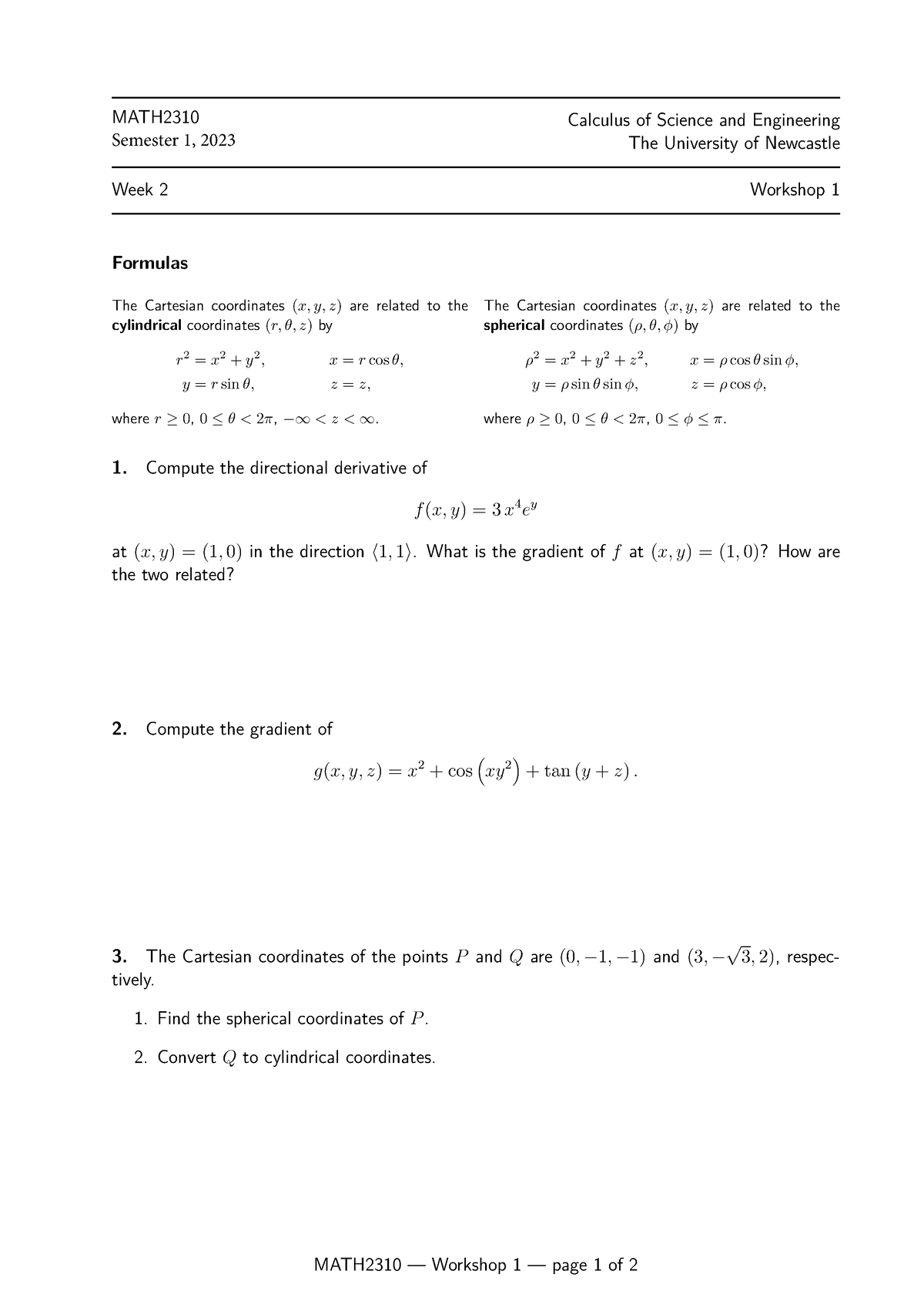 Workshop 1 S1 2023 - MATH2310 Calculus of Science and Engineering ...