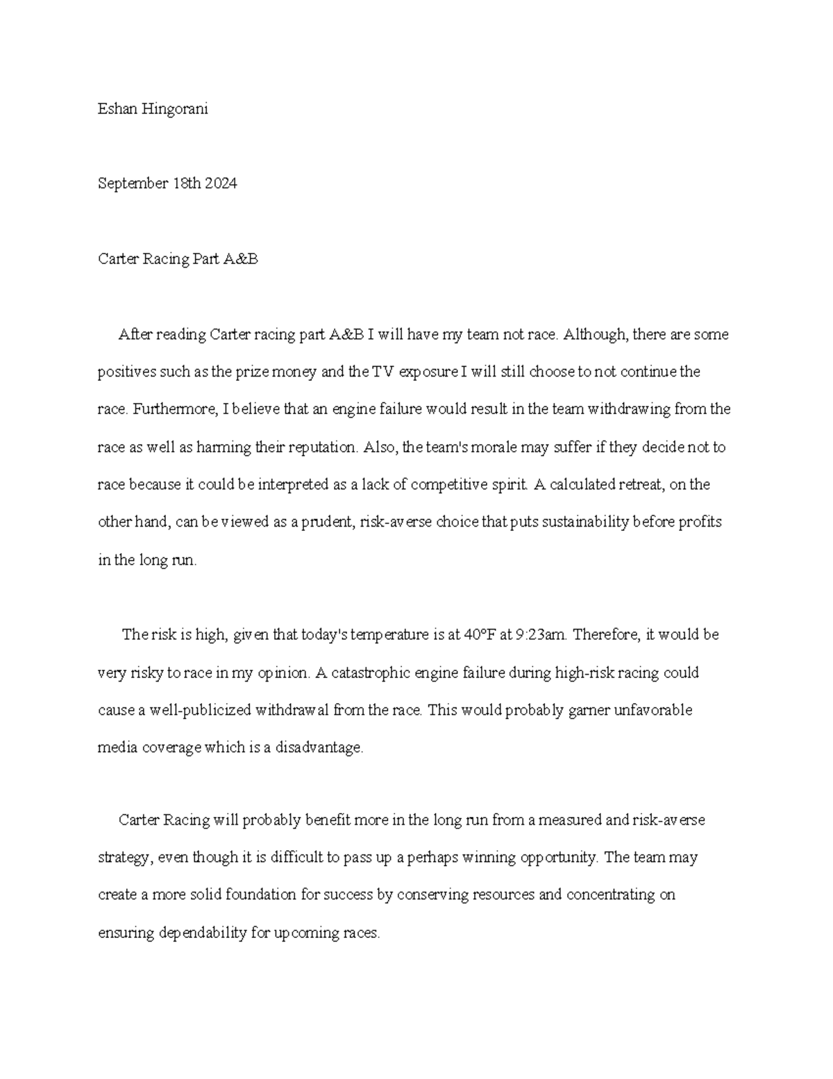 Carter Racing 1 - Eshan Hingorani September 18th 2024 Carter Racing ...