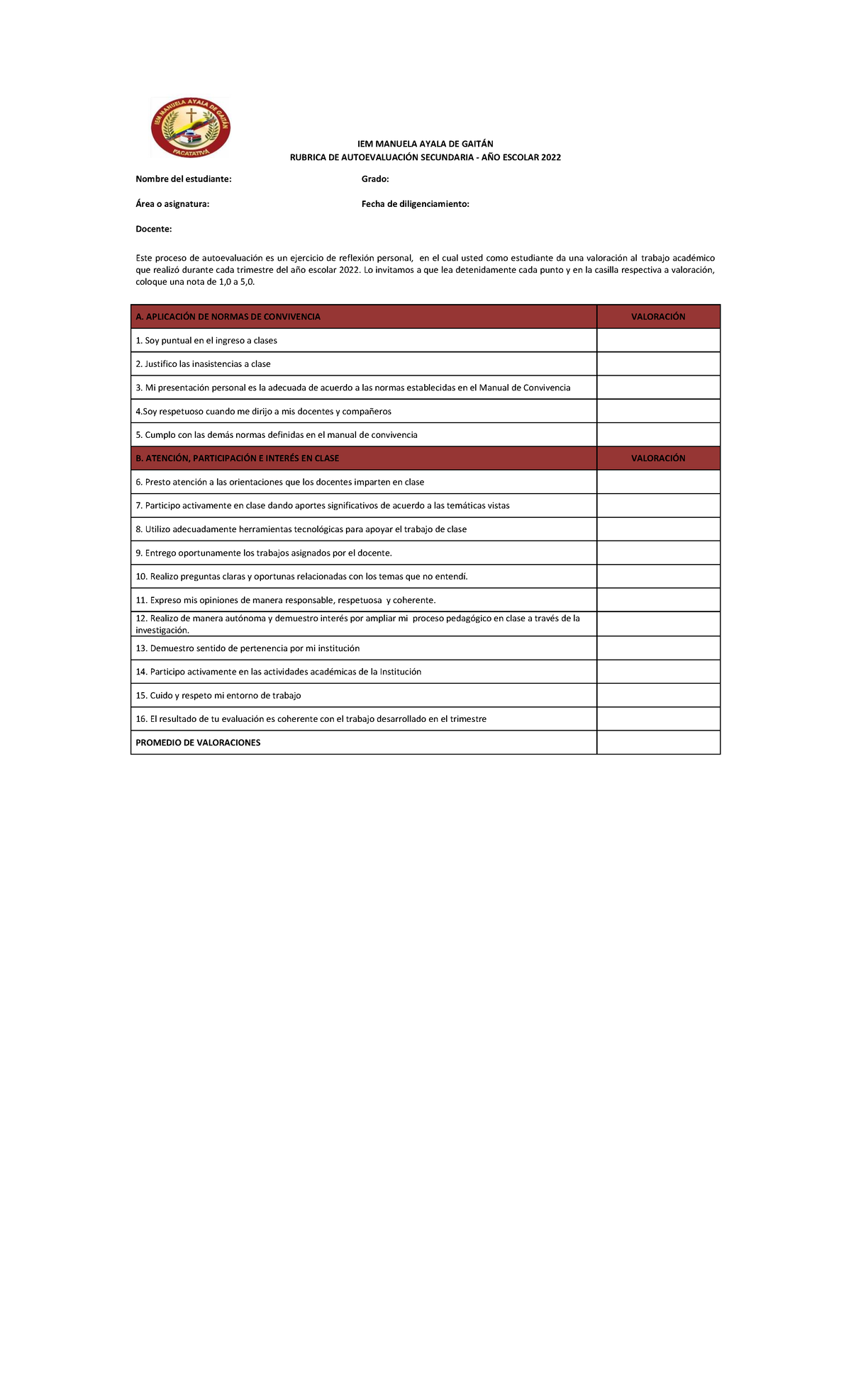 1 Rúbrica De Autoevaluación - IEM MANUELA AYALA DE GAIT¡N RUBRICA DE ...