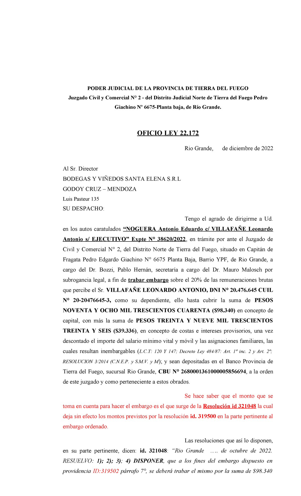 Oficio LEY 22172 - PODER JUDICIAL DE LA PROVINCIA DE TIERRA DEL FUEGO ...