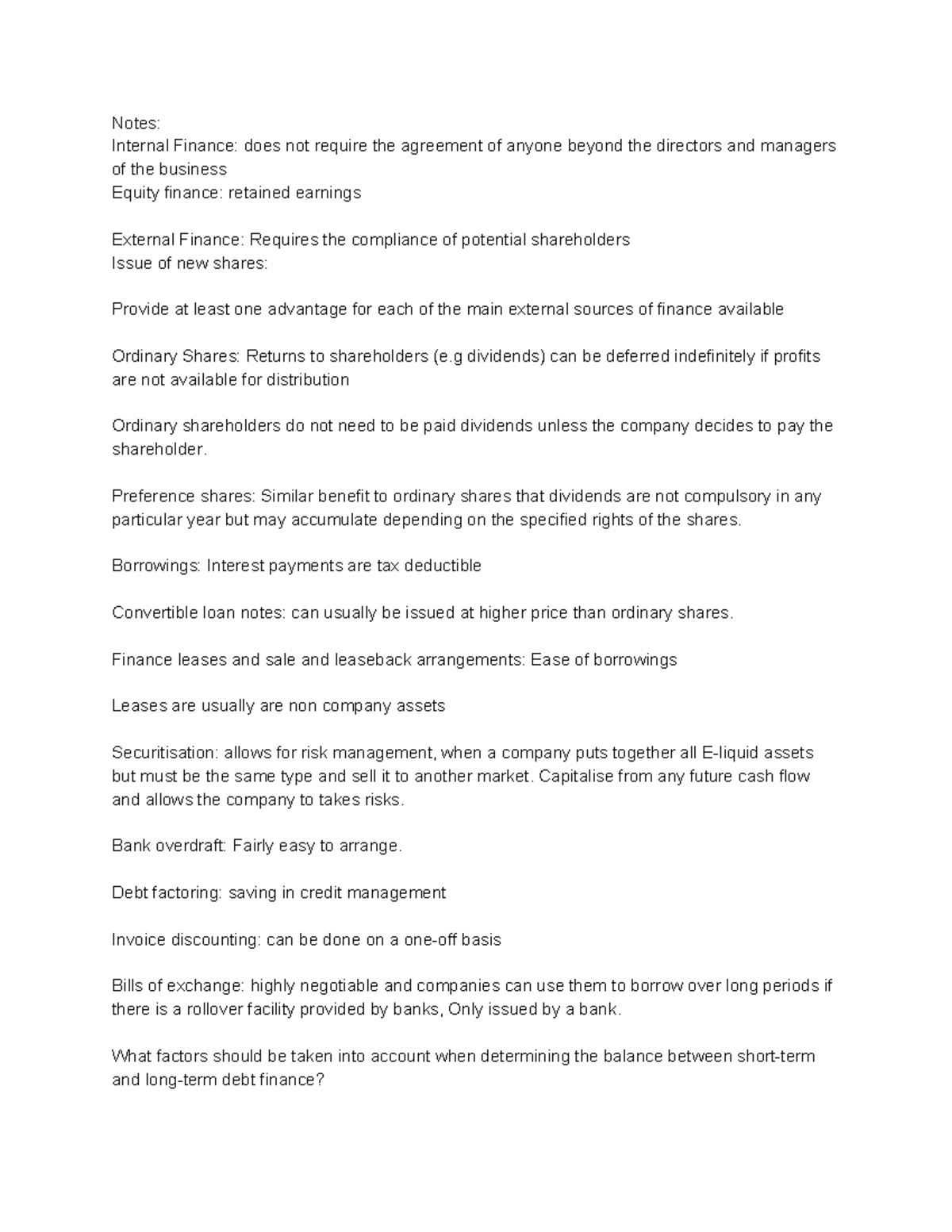 Chapter 5, Tutorial 5 Notes - Notes: Internal Finance: does not require ...