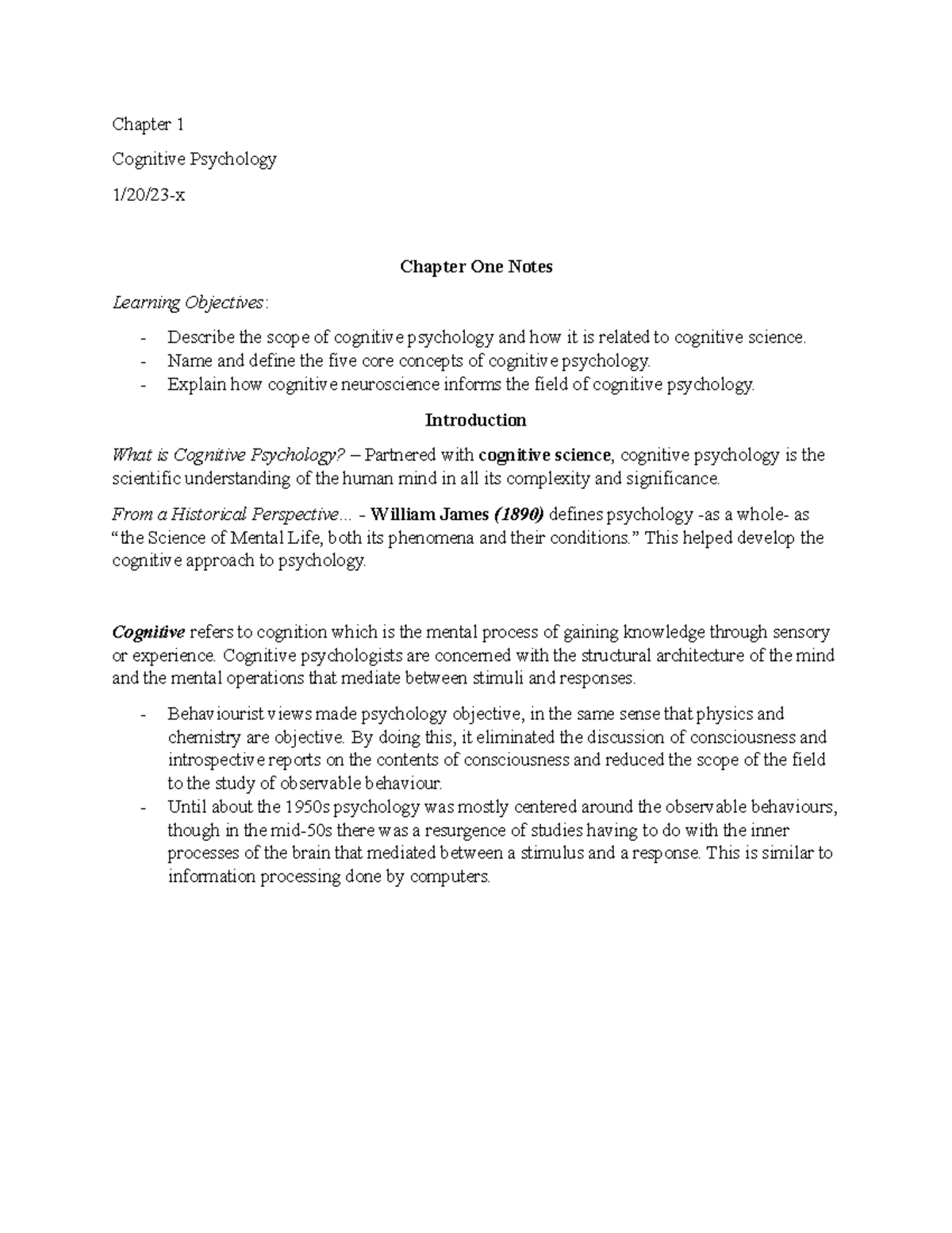 Chapter 1 Notes - Chapter 1 Cognitive Psychology 1/20/23-x Chapter One ...