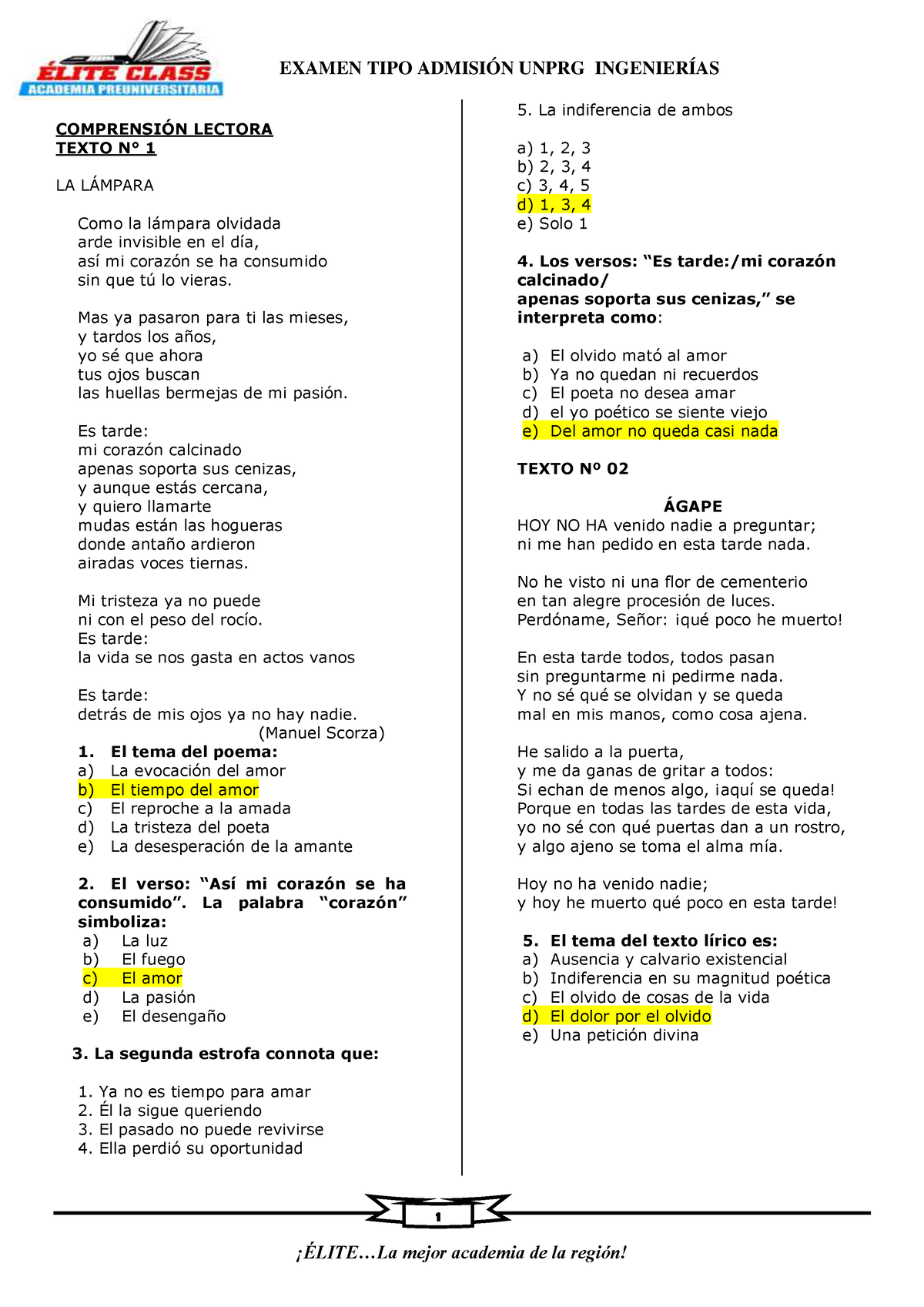 Simulacro V Unprg - 1 COMPRENSI”N LECTORA TEXTO N∞ 1 LA L¡MPARA Como La ...