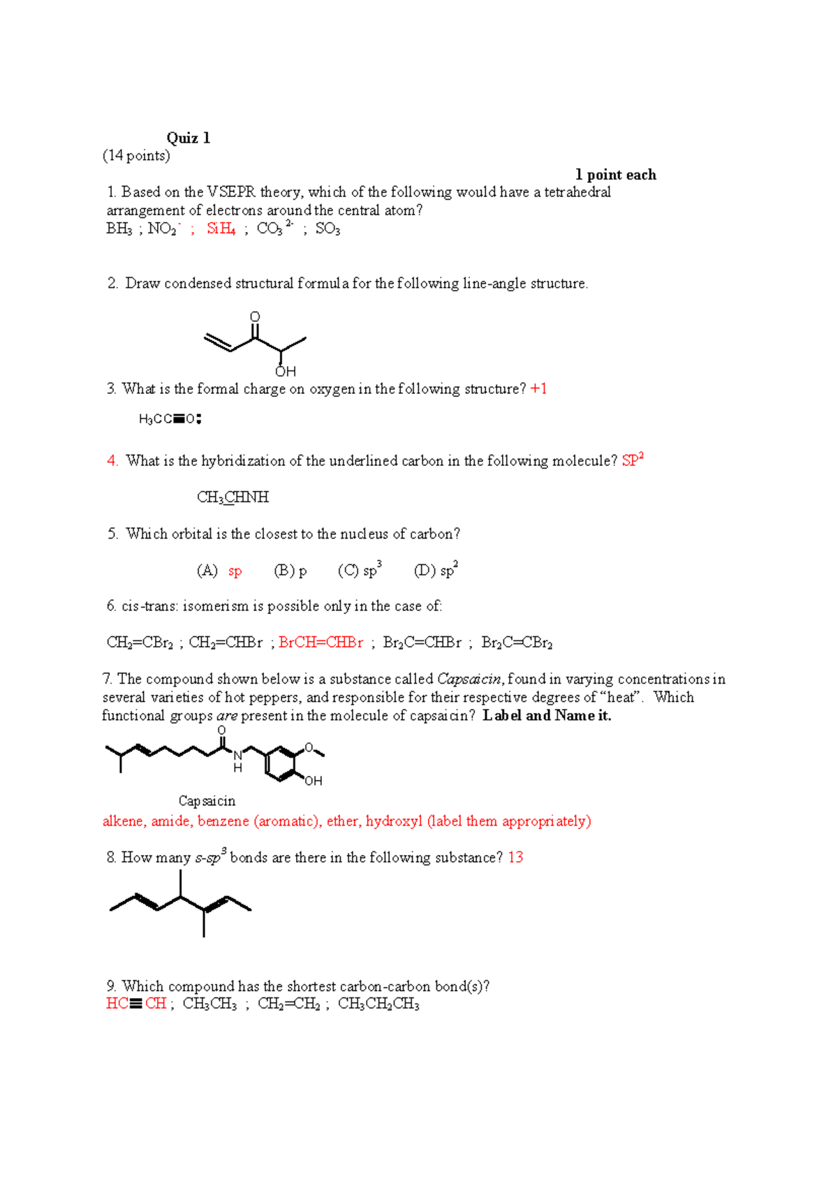 Quiz1Answers - Organic Chemsitry Quiz Practice - Fall 2018 Quiz 1 (14 ...