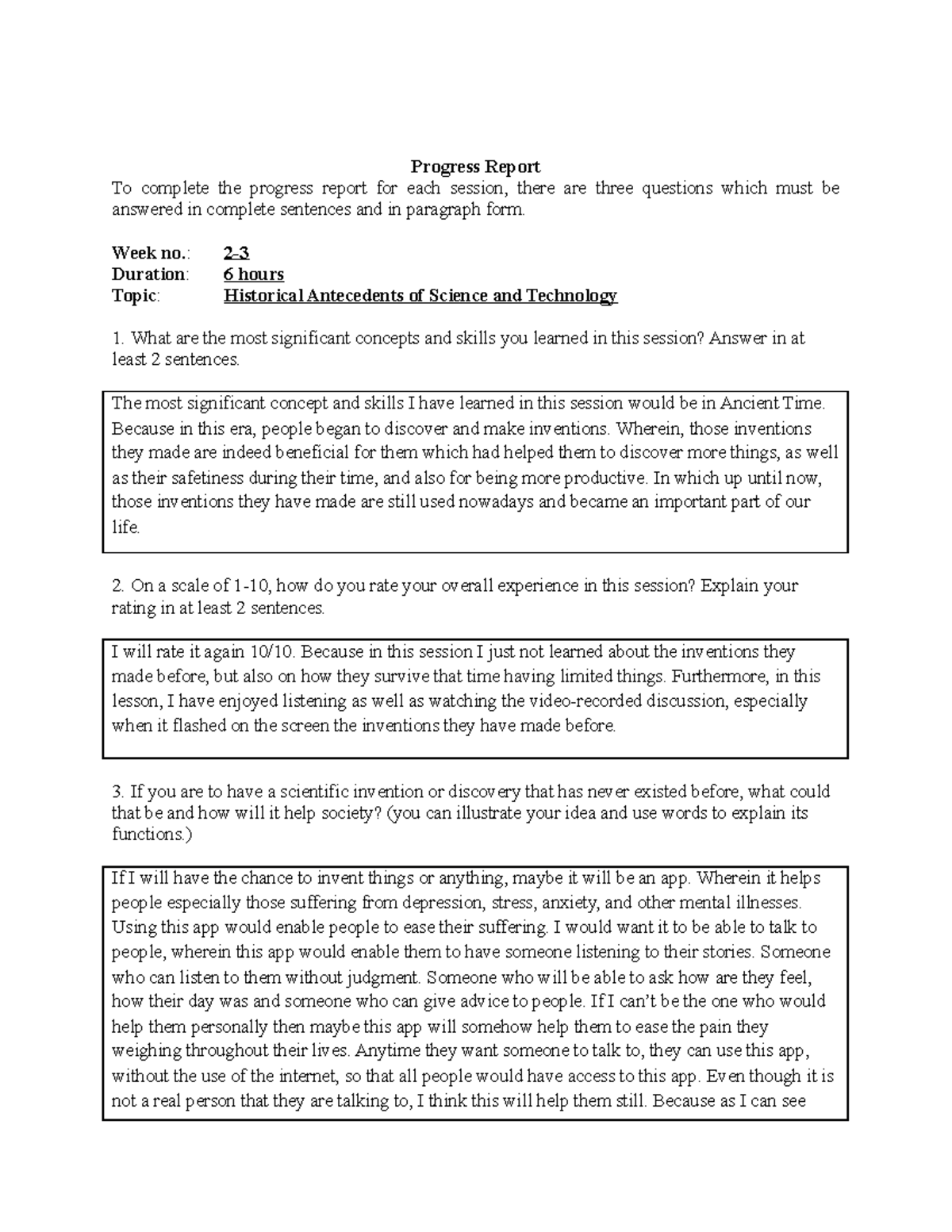 STS Session 2 - Progress Report - Progress Report To complete the ...