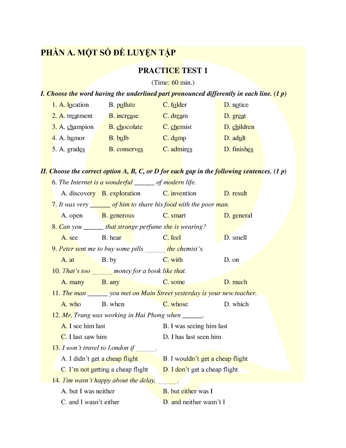 Practice TEST 1 - Nnn - PHẦN A. MỘT SỐ ĐỀ LUYỆN TẬP PRACTICE TEST 1 ...