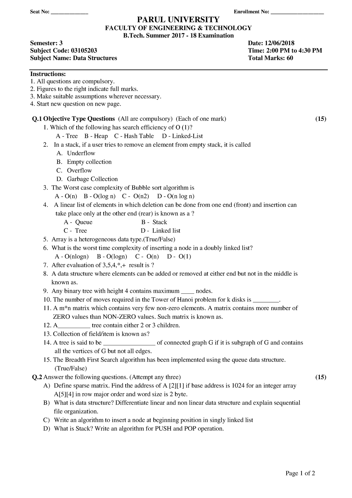 03105203 667 Question Paper - Page 1 of 2 Seat No ...